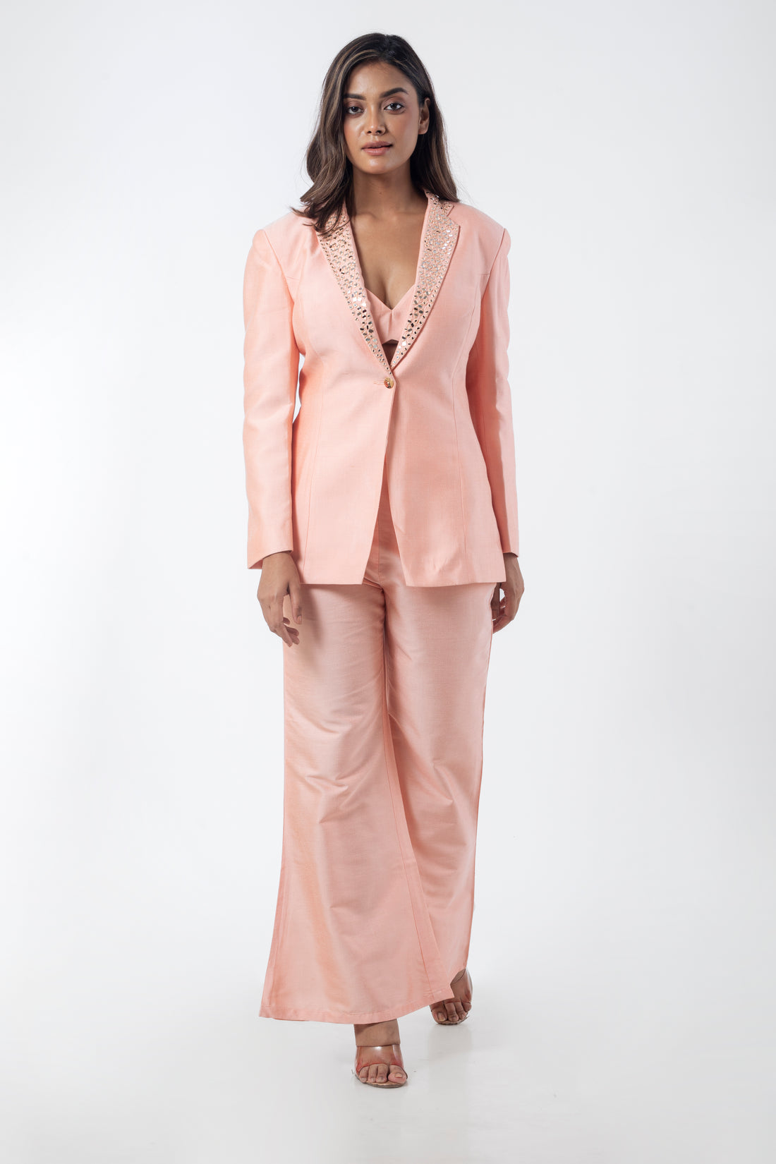 Peach Katan Silk Formal Co-ord Set with Mirror Work