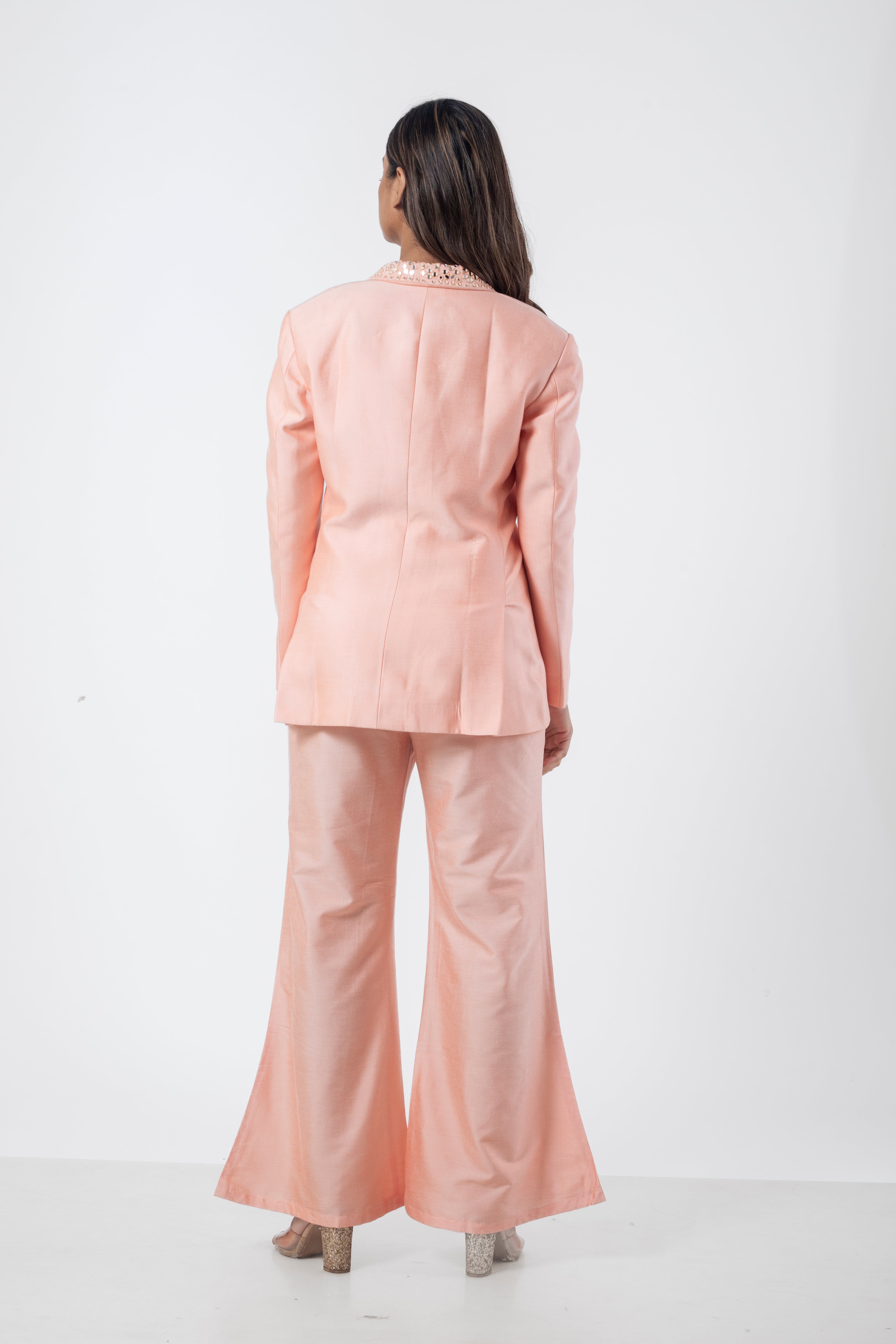 Peach Katan Silk Formal Co-ord Set with Mirror Work