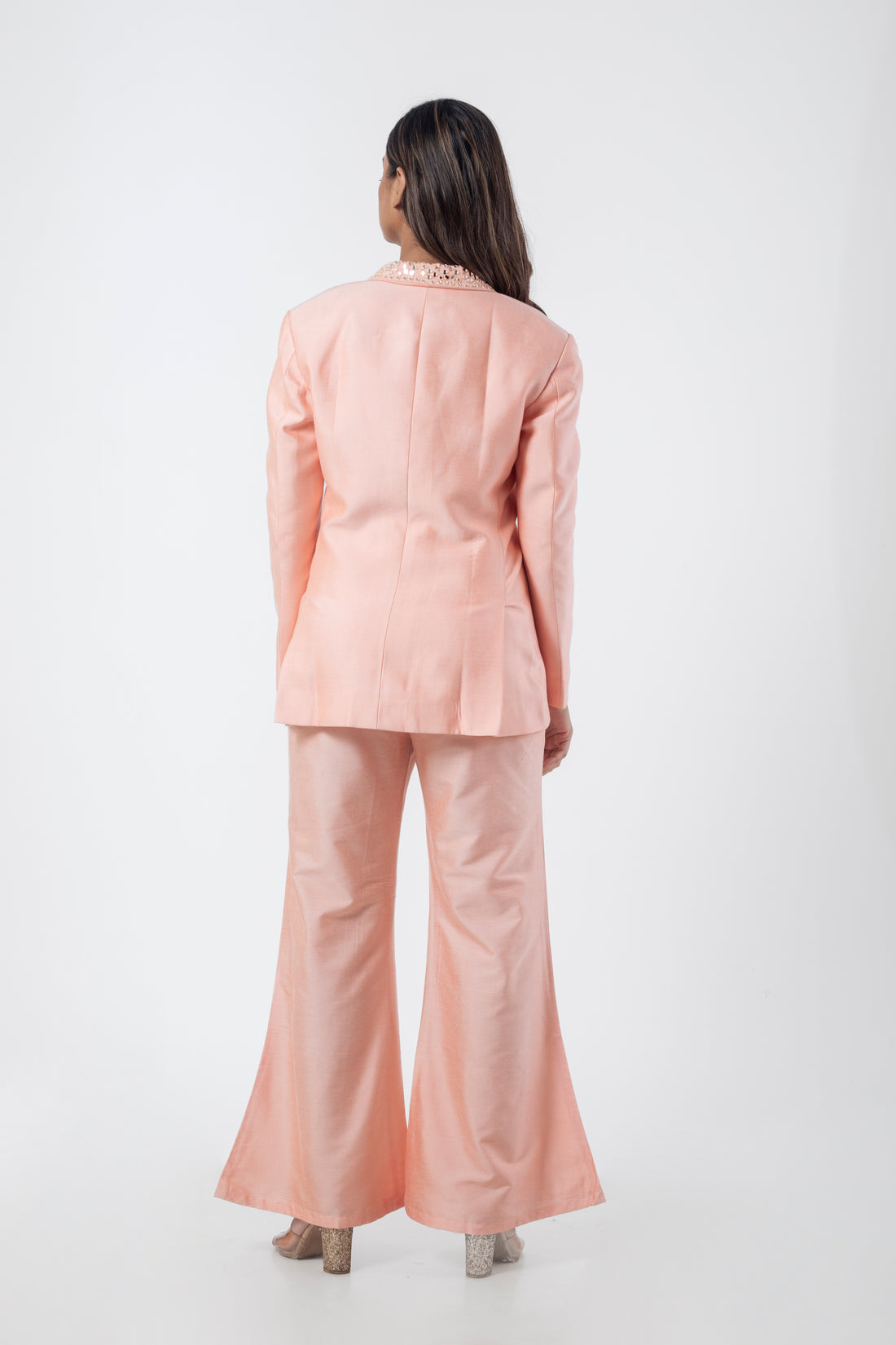 Peach Katan Silk Formal Co-ord Set with Mirror Work