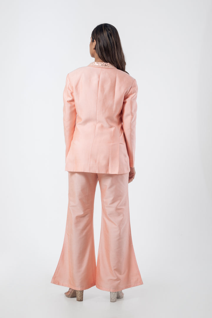 Peach Katan Silk Formal Co-ord Set with Mirror Work