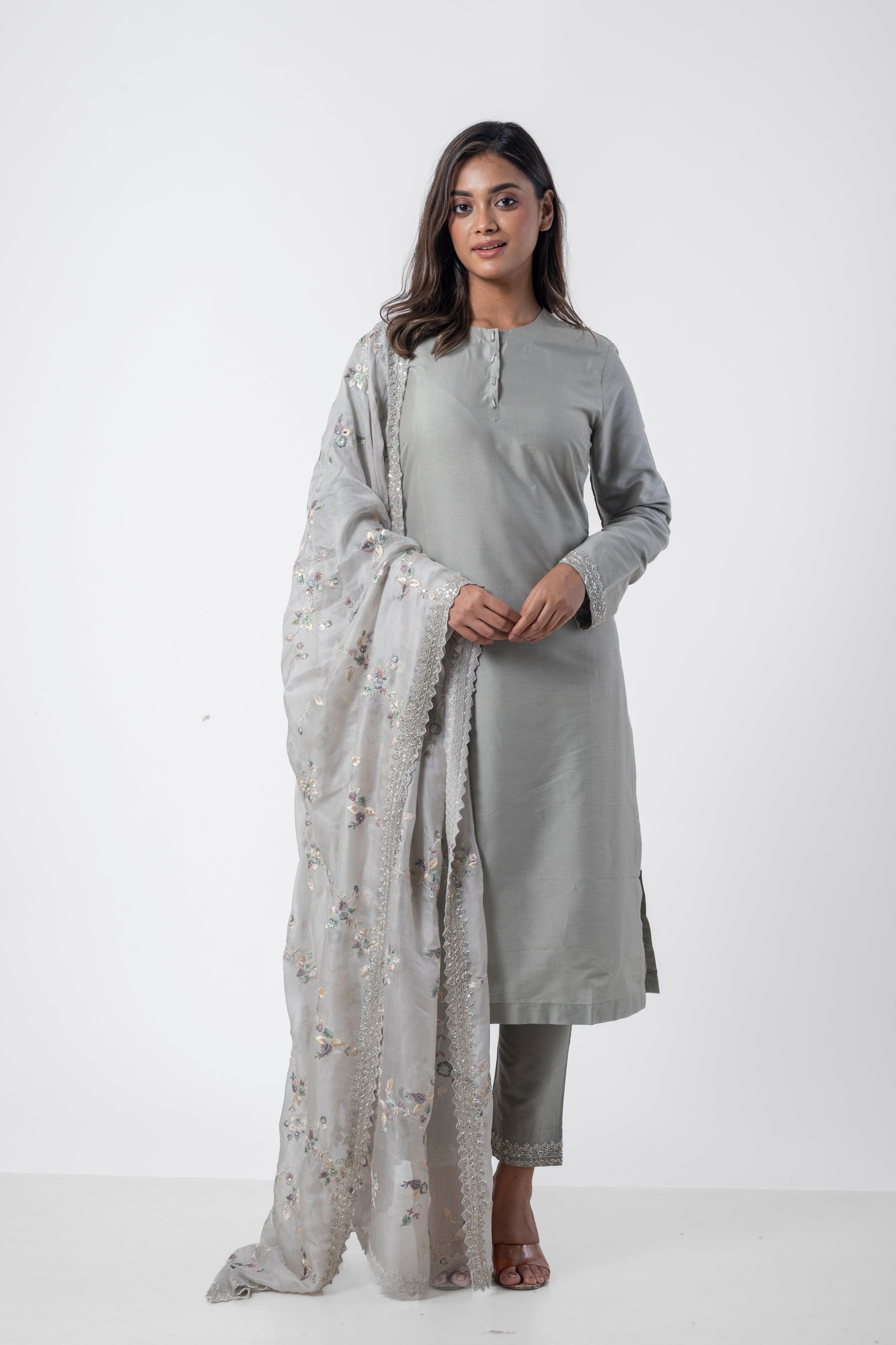 Grey Floral Embroidered Kurta Set with Heavy Dupatta