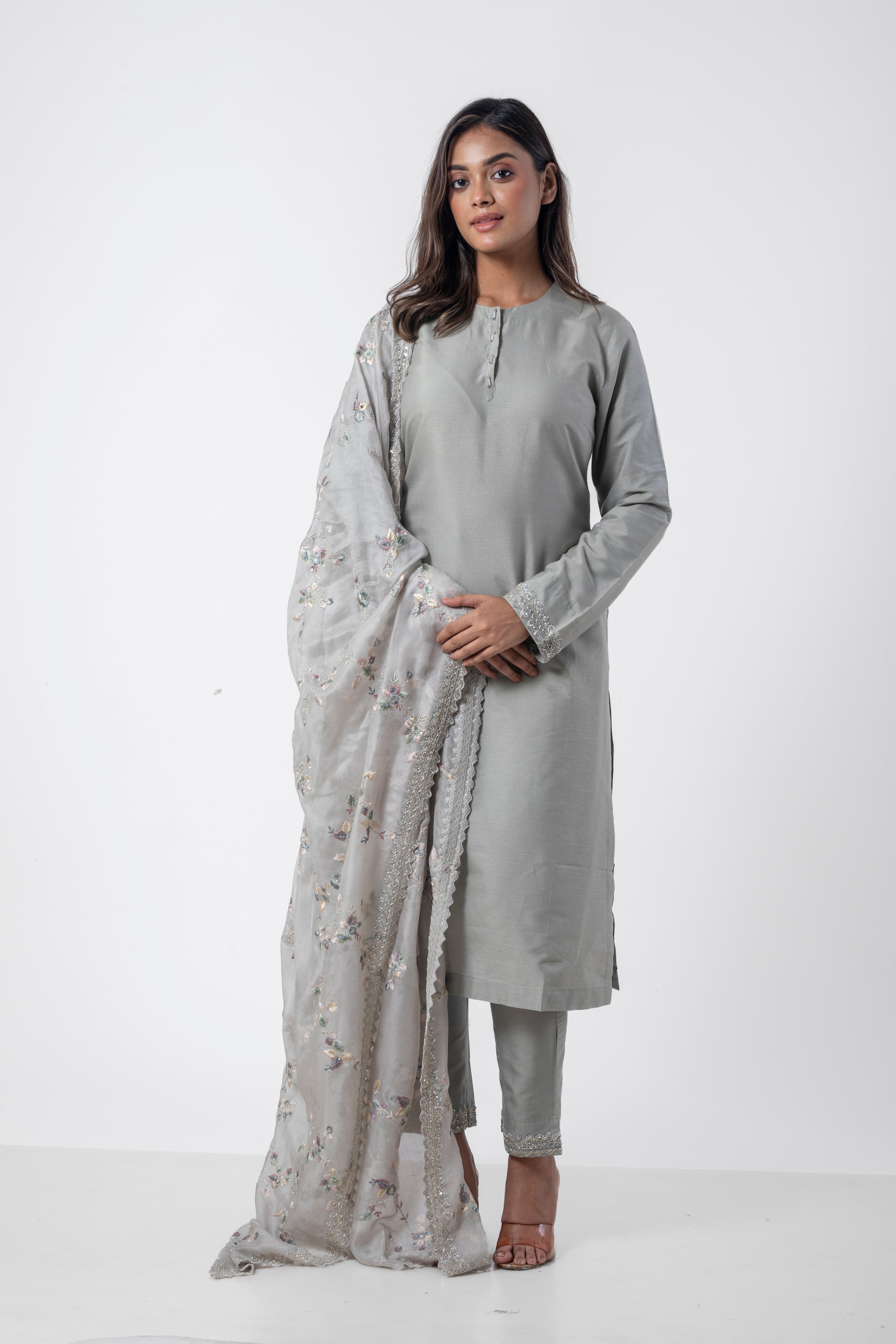 Grey Floral Embroidered Kurta Set with Heavy Dupatta