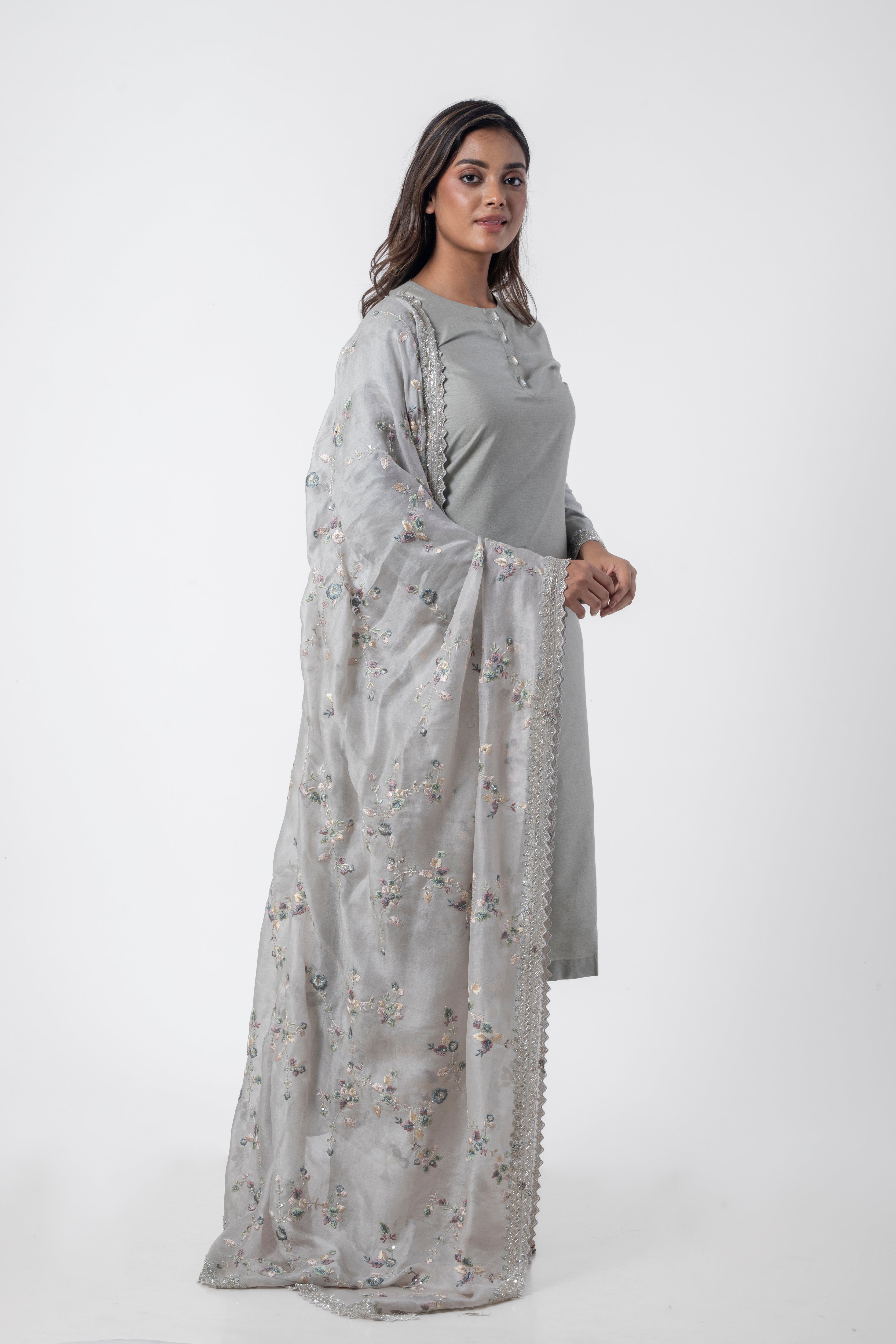 Grey Floral Embroidered Kurta Set with Heavy Dupatta