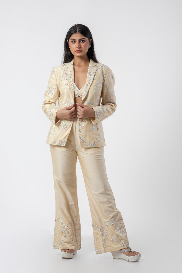 Cream Designer Co-ord Set for Women with Embroidered Bustier, Blazer, and Pants