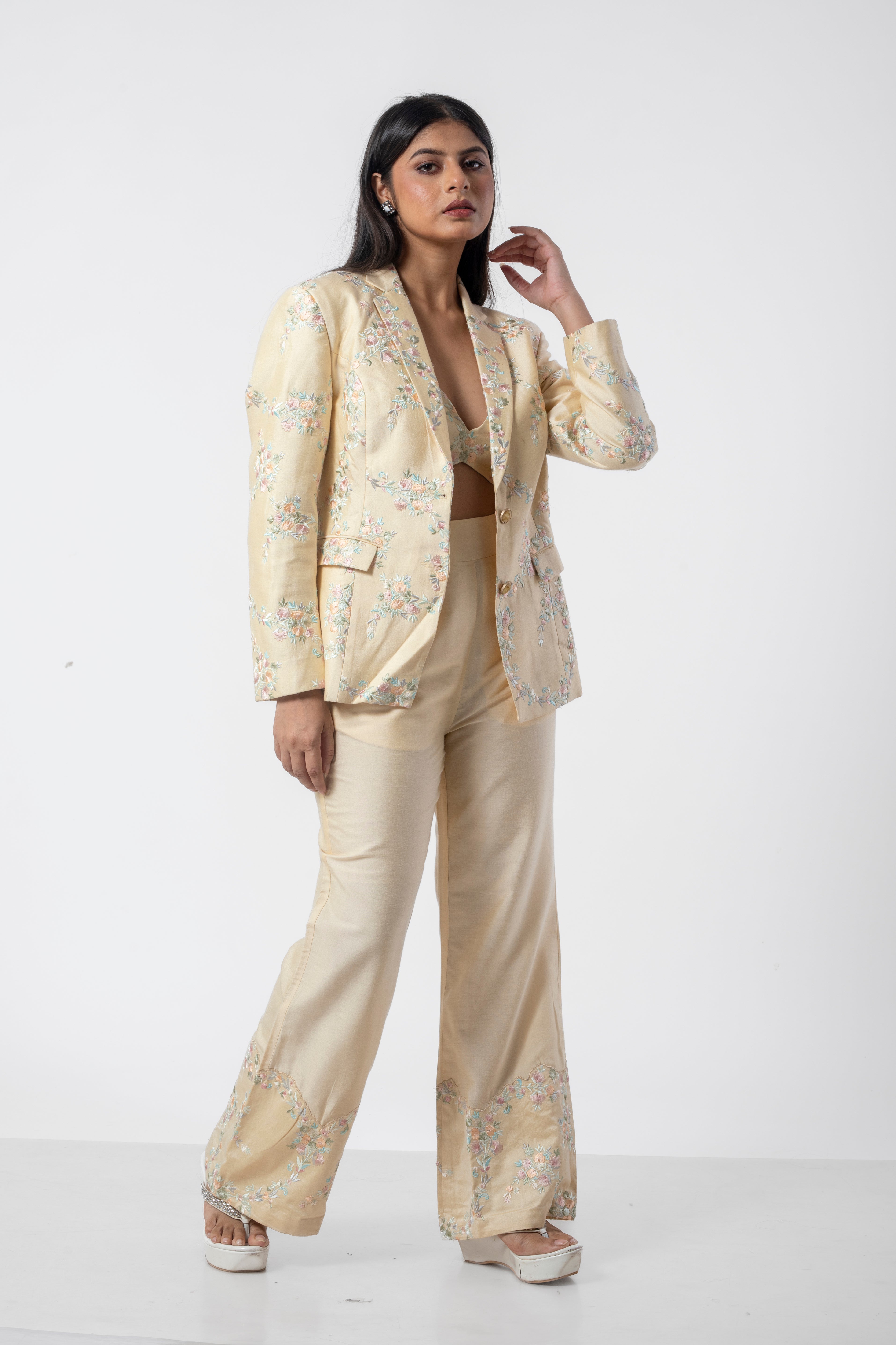 Cream Designer Co-ord Set for Women with Embroidered Bustier, Blazer, and Pants