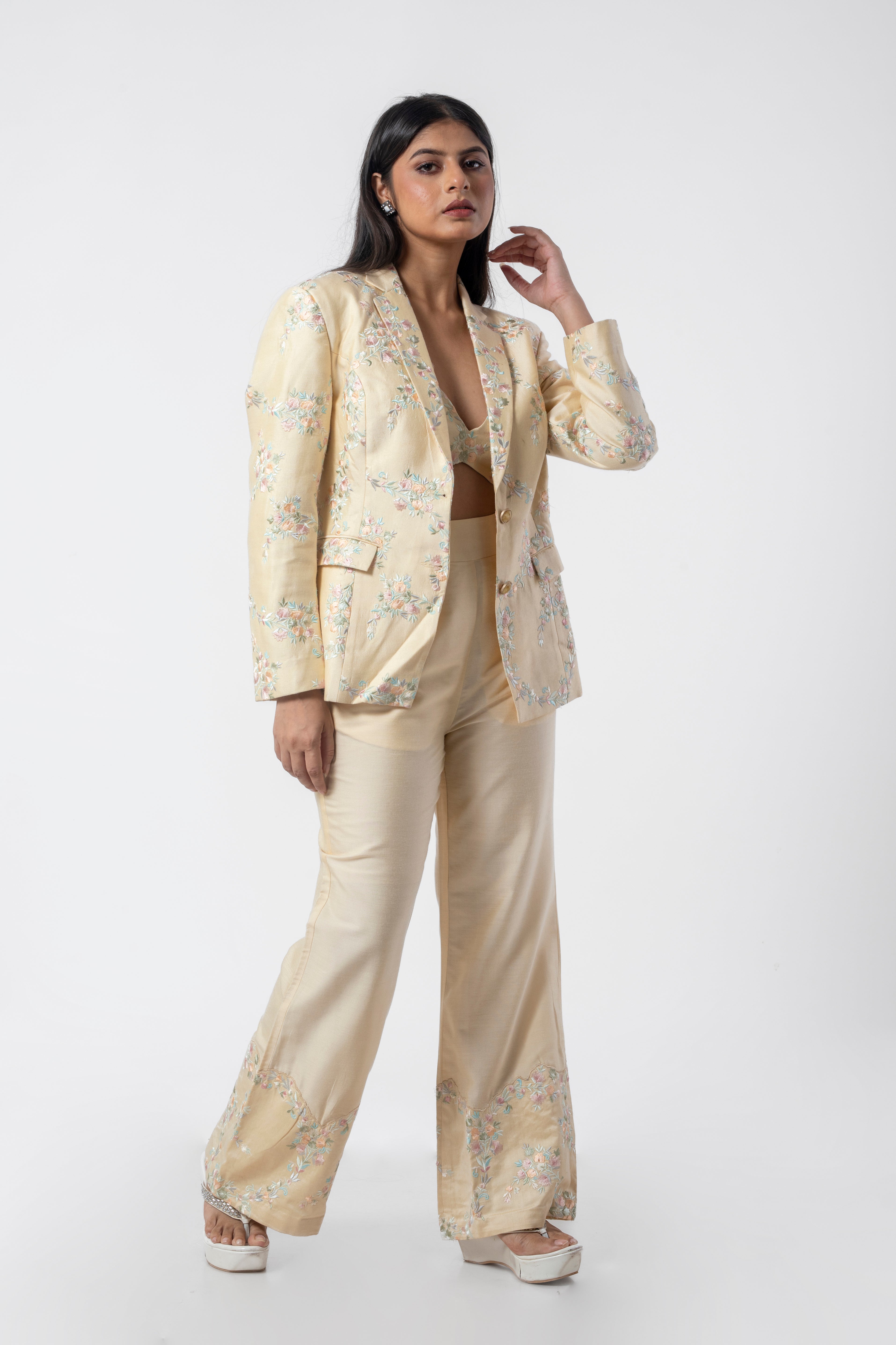 Cream Designer Co-ord Set for Women with Embroidered Bustier, Blazer, and Pants