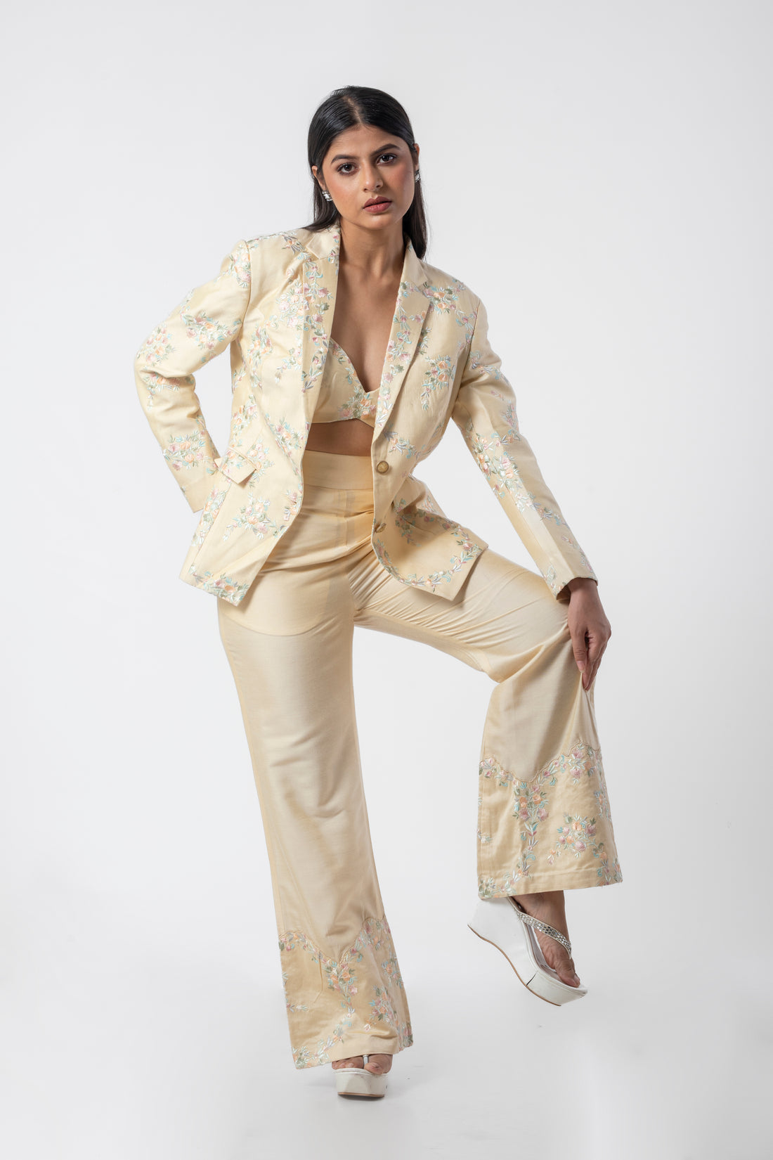 Cream Designer Co-ord Set for Women with Embroidered Bustier, Blazer, and Pants