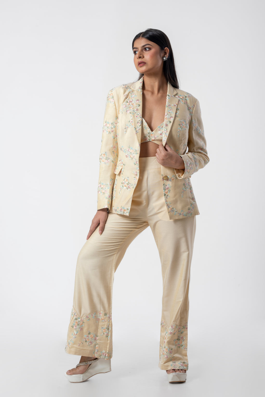 Cream Designer Co-ord Set for Women with Embroidered Bustier, Blazer, and Pants