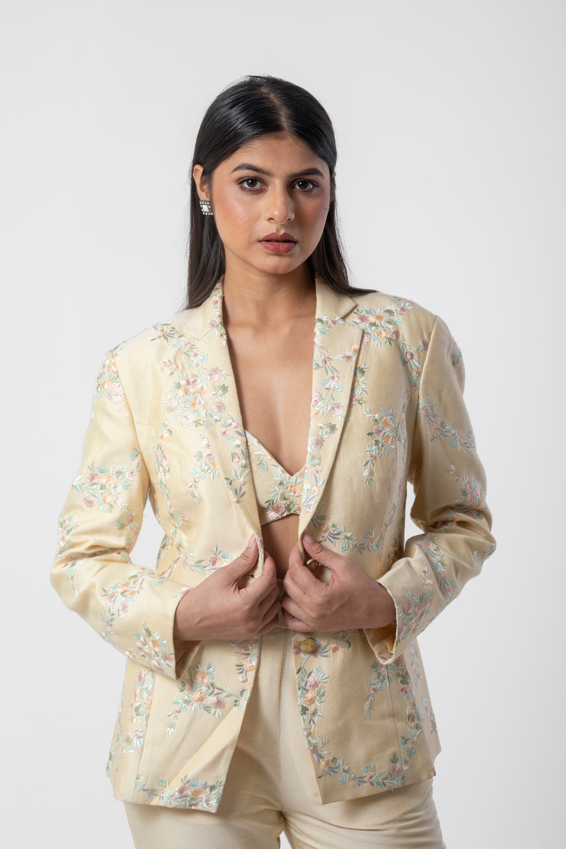 Cream Designer Co-ord Set for Women with Embroidered Bustier, Blazer, and Pants