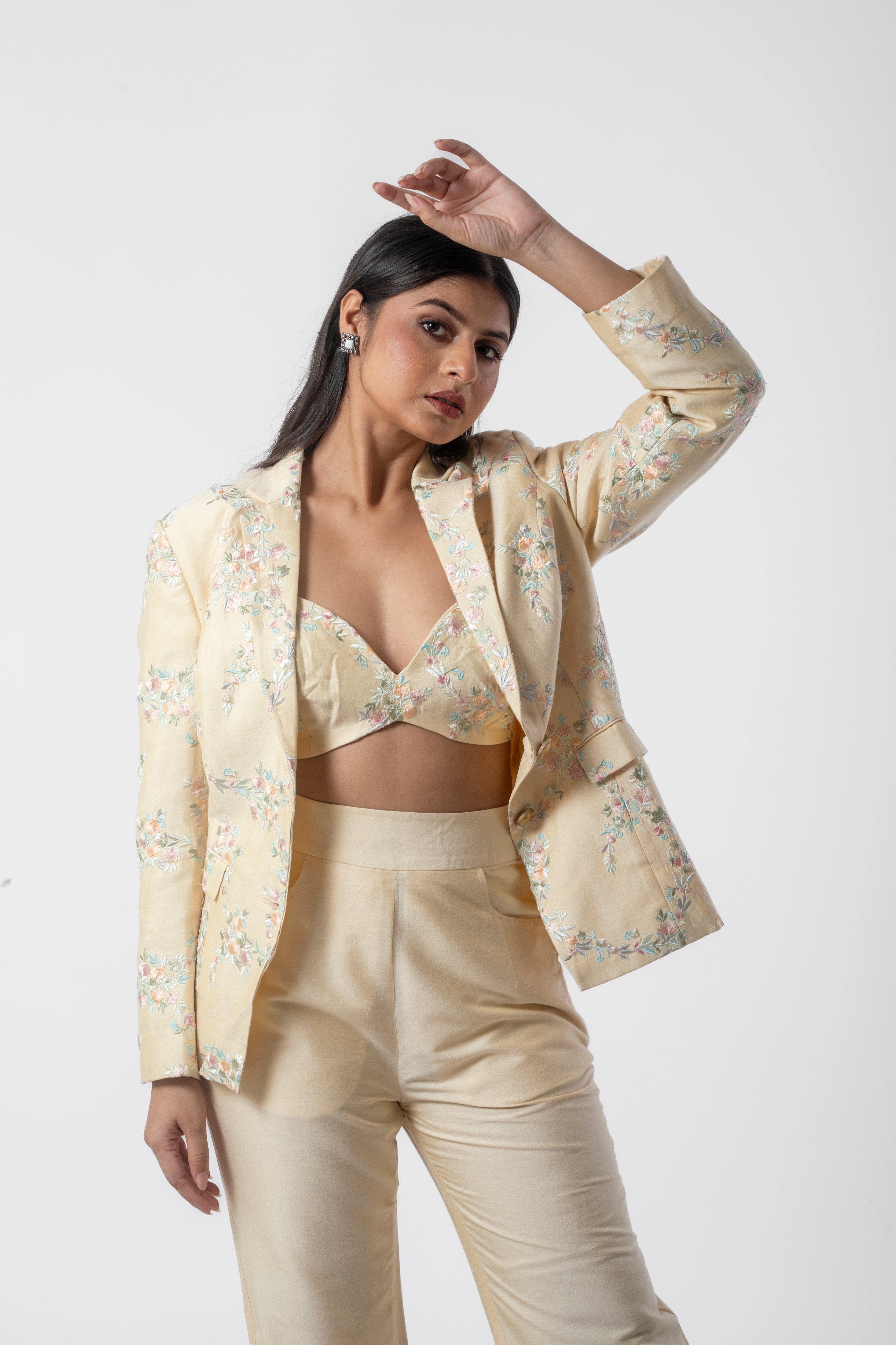 Cream Designer Co-ord Set for Women with Embroidered Bustier, Blazer, and Pants
