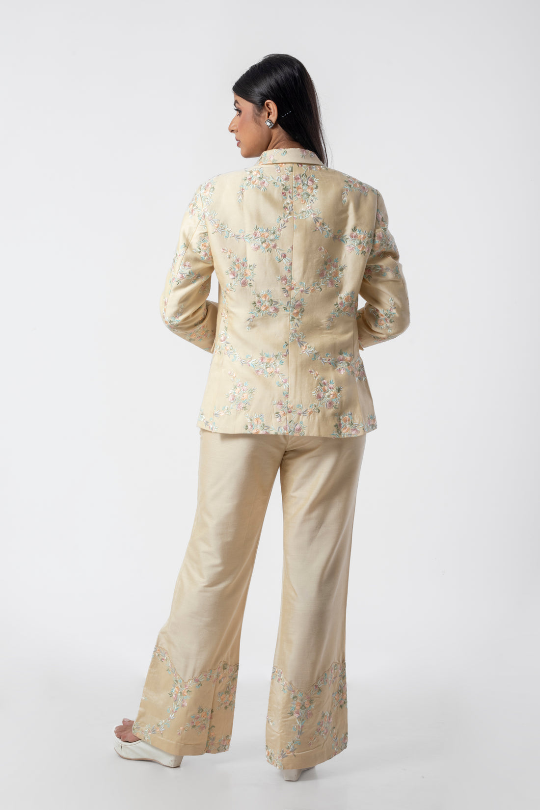 Cream Designer Co-ord Set for Women with Embroidered Bustier, Blazer, and Pants