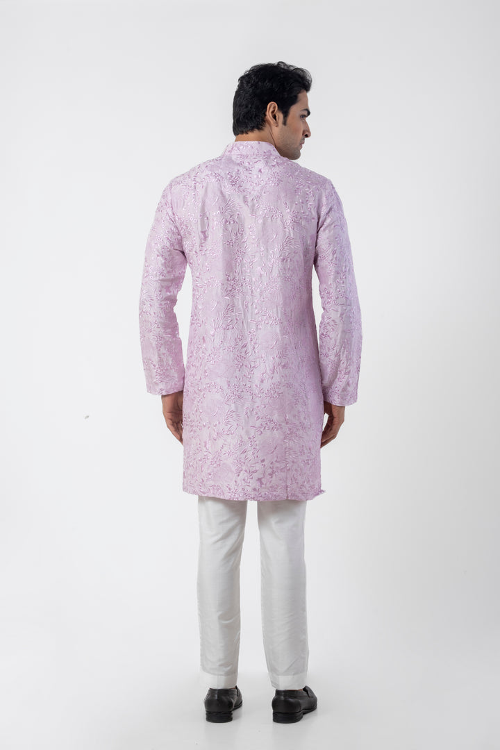 Lavender Embroidered Ethnic Kurta Pajama for Men in Katan Silk