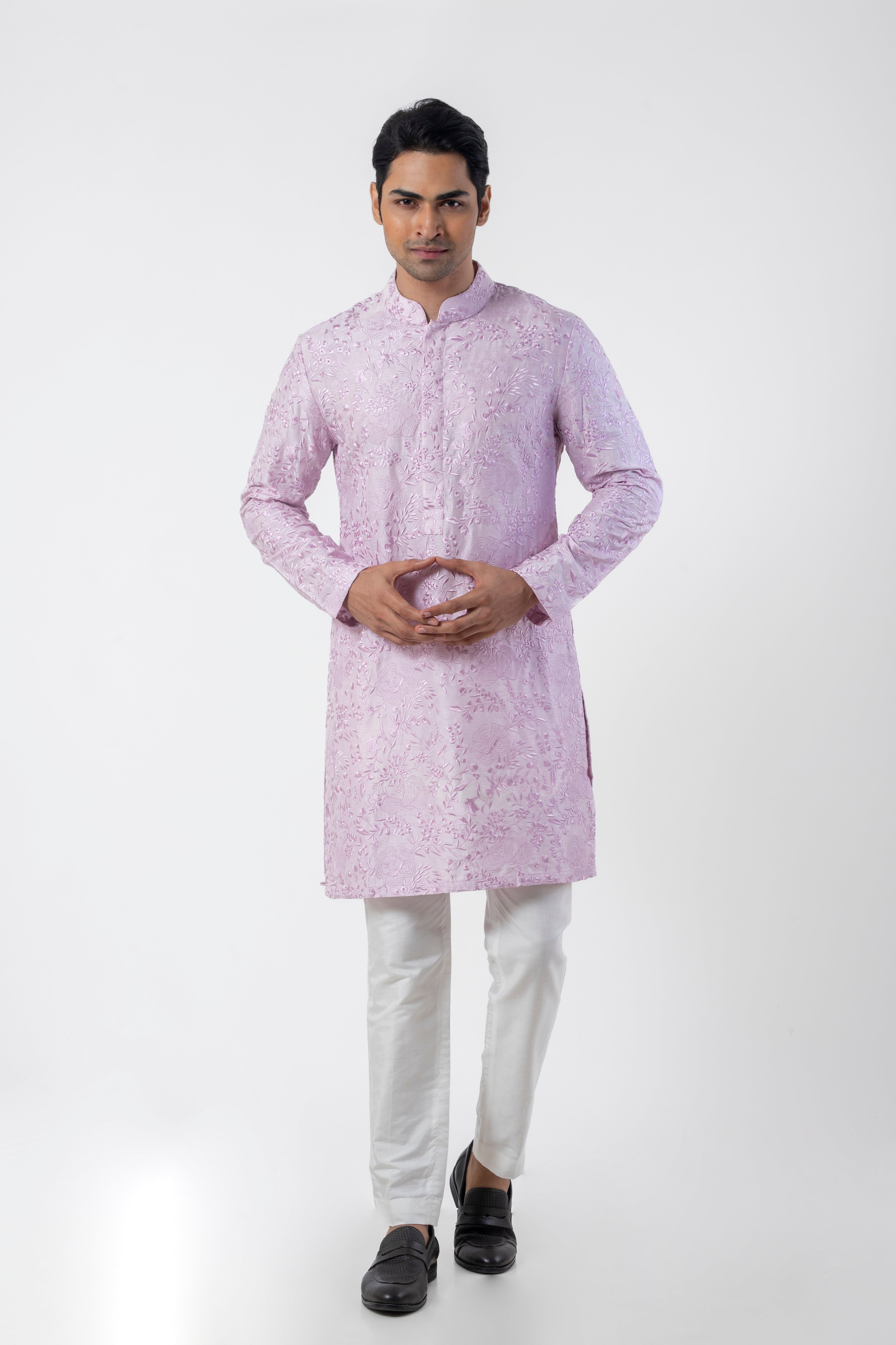 Lavender Embroidered Ethnic Kurta Pajama for Men in Katan Silk