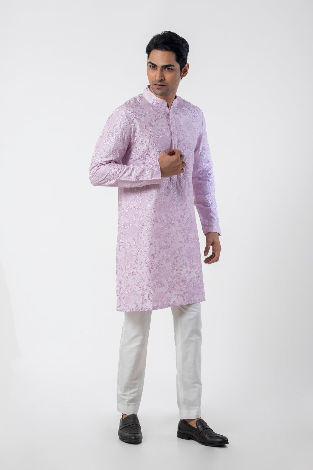 Lavender Embroidered Ethnic Kurta Pajama for Men in Katan Silk