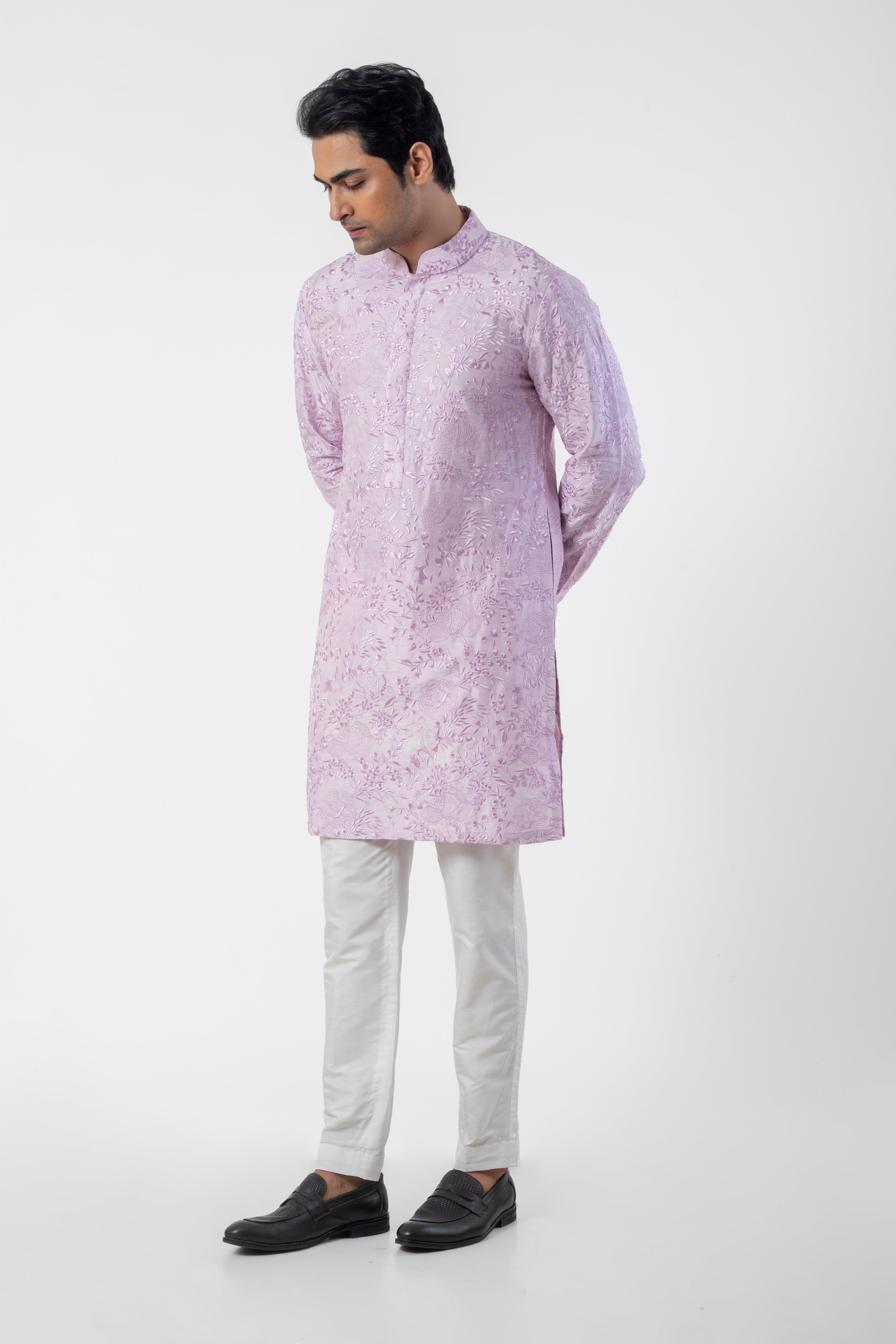 Lavender Embroidered Ethnic Kurta Pajama for Men in Katan Silk