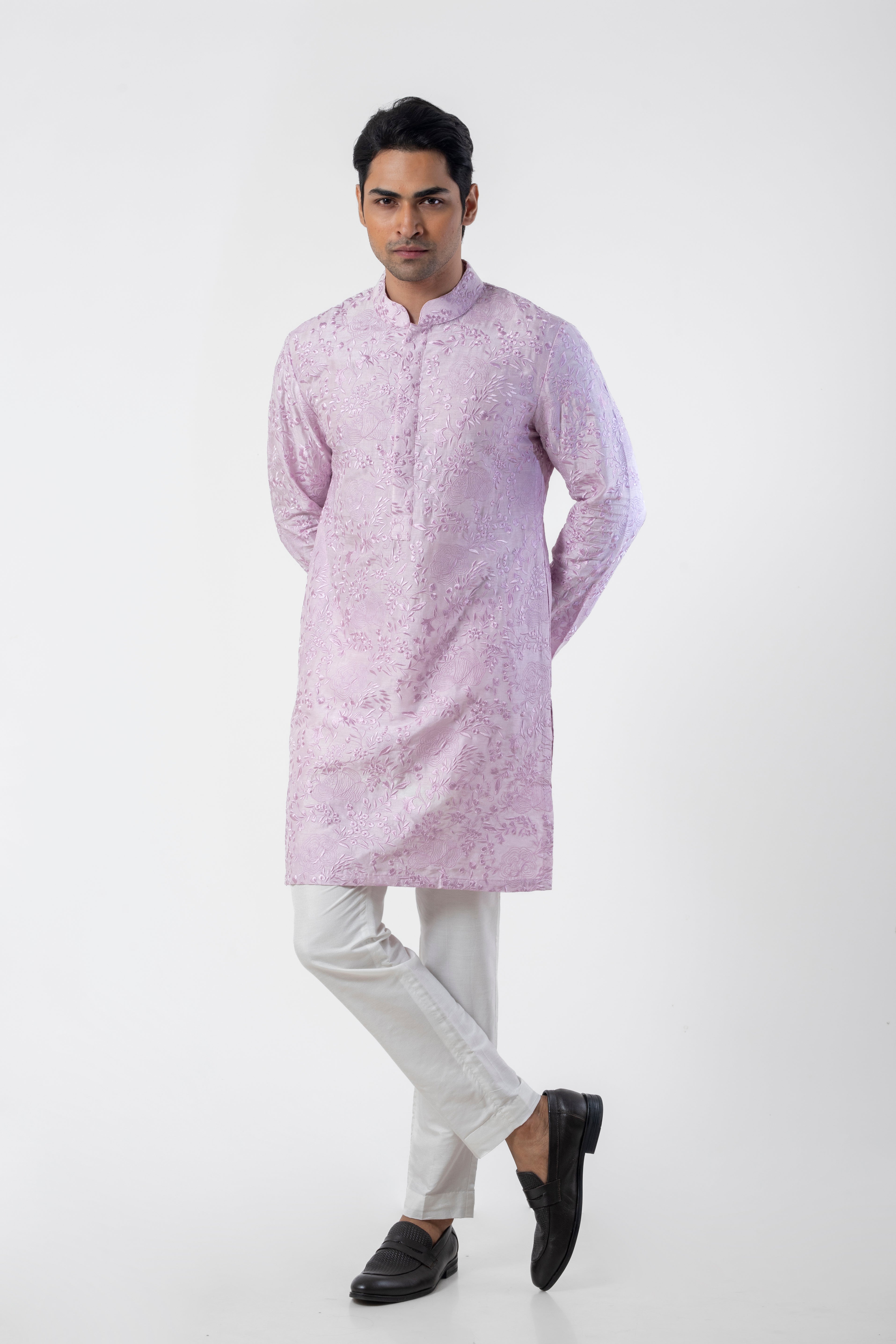 Lavender Embroidered Ethnic Kurta Pajama for Men in Katan Silk