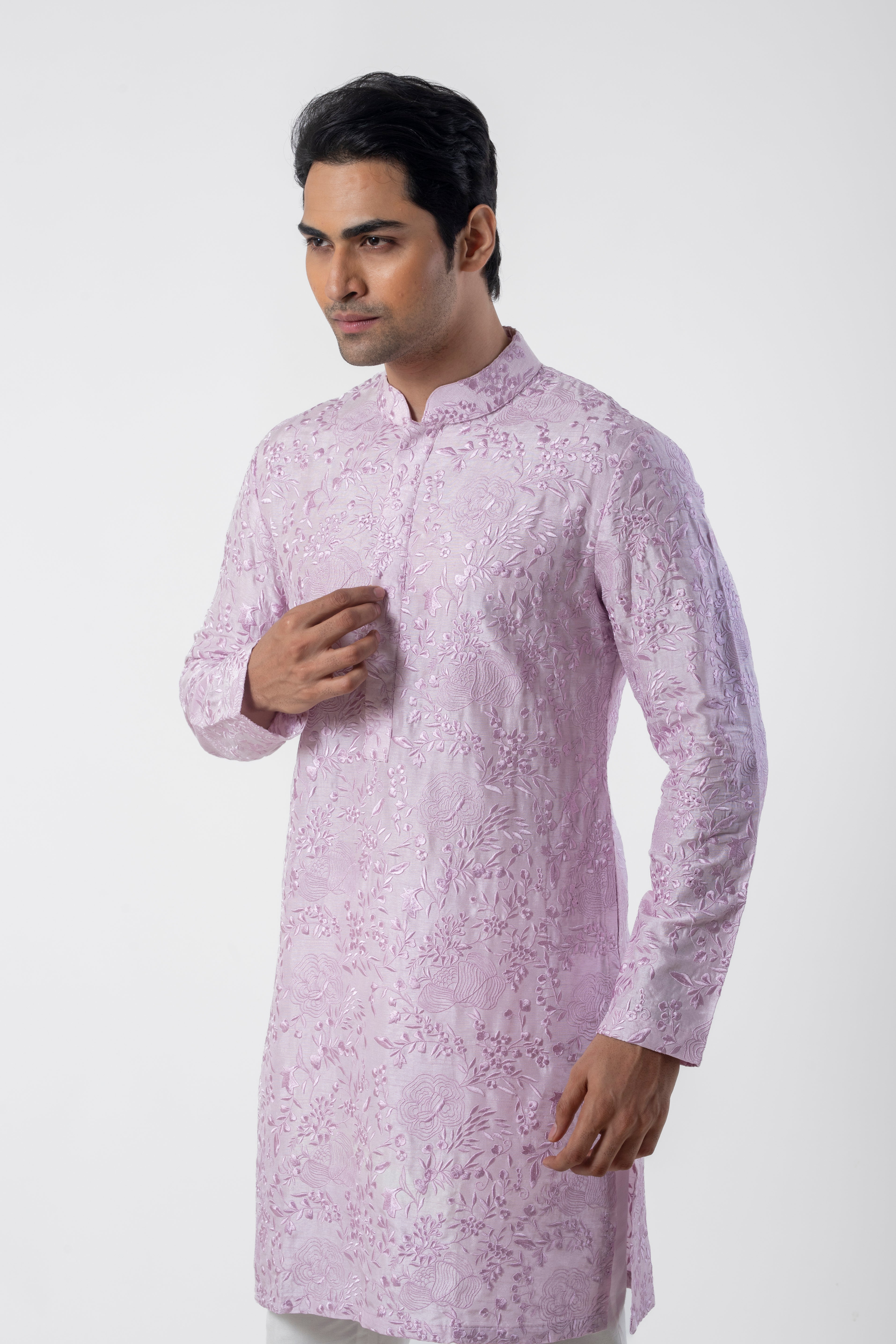 Lavender Embroidered Ethnic Kurta Pajama for Men in Katan Silk