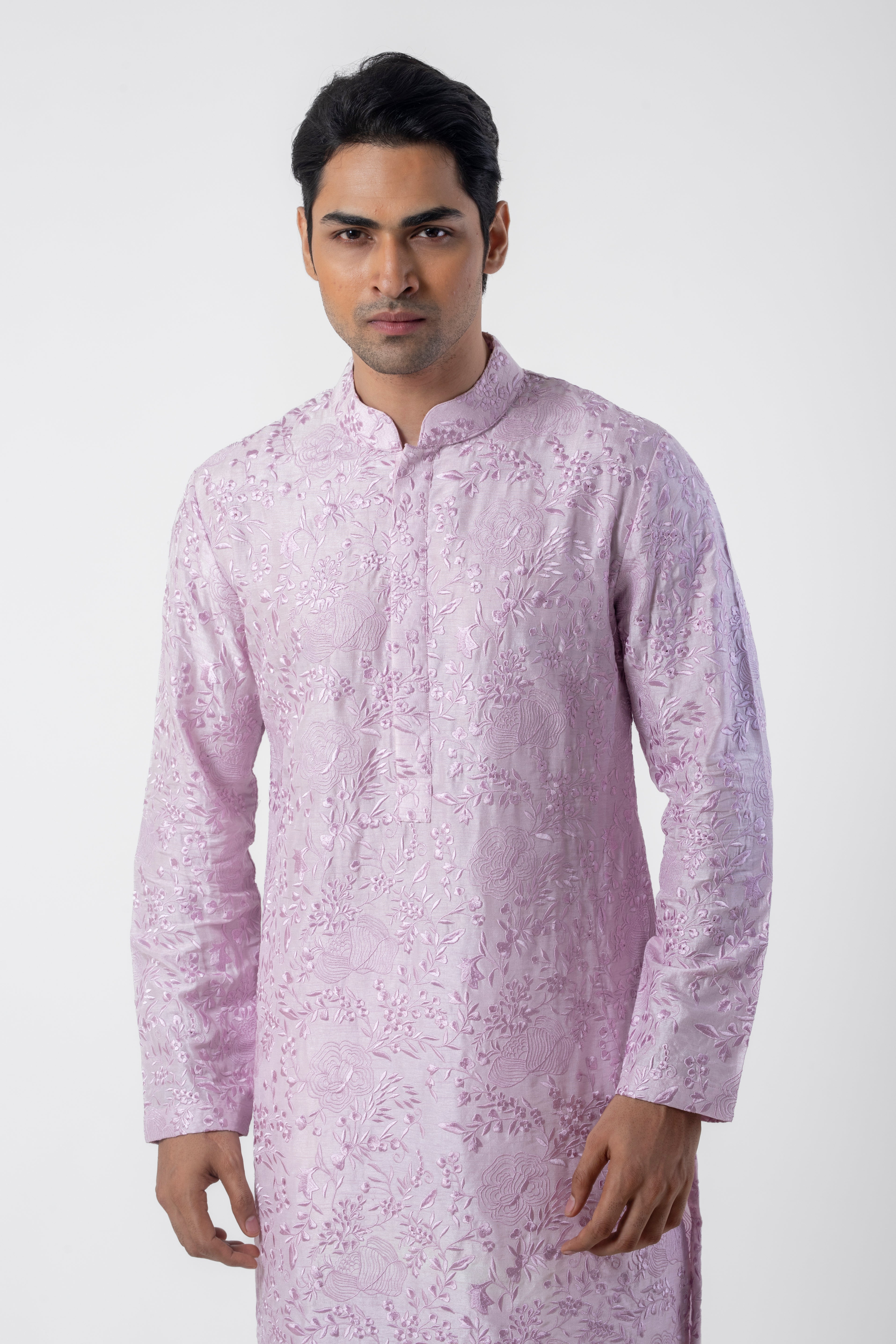 Lavender Embroidered Ethnic Kurta Pajama for Men in Katan Silk