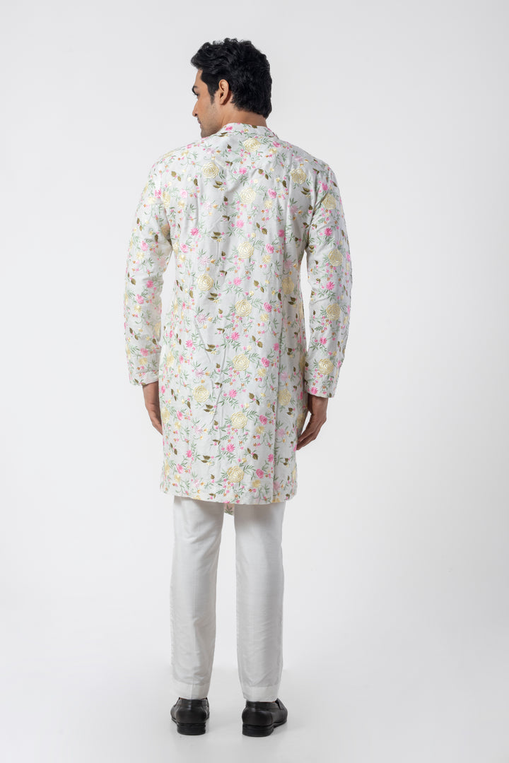 White Embroidered Kurta Pajama for Men with Asymmetric Design