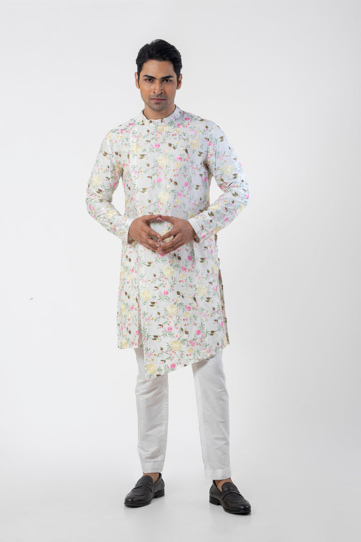 White Embroidered Kurta Pajama for Men with Asymmetric Design