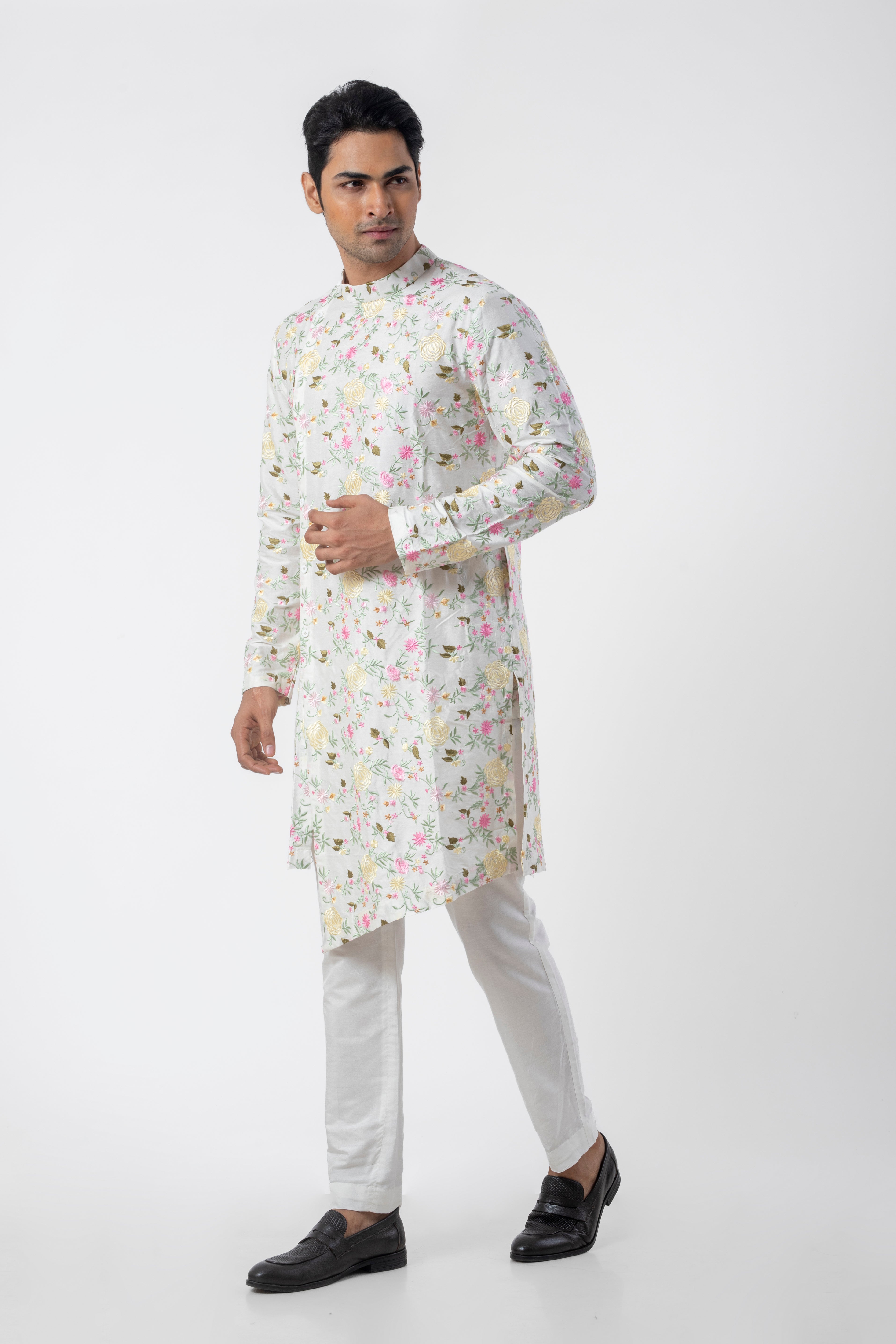 White Embroidered Kurta Pajama for Men with Asymmetric Design