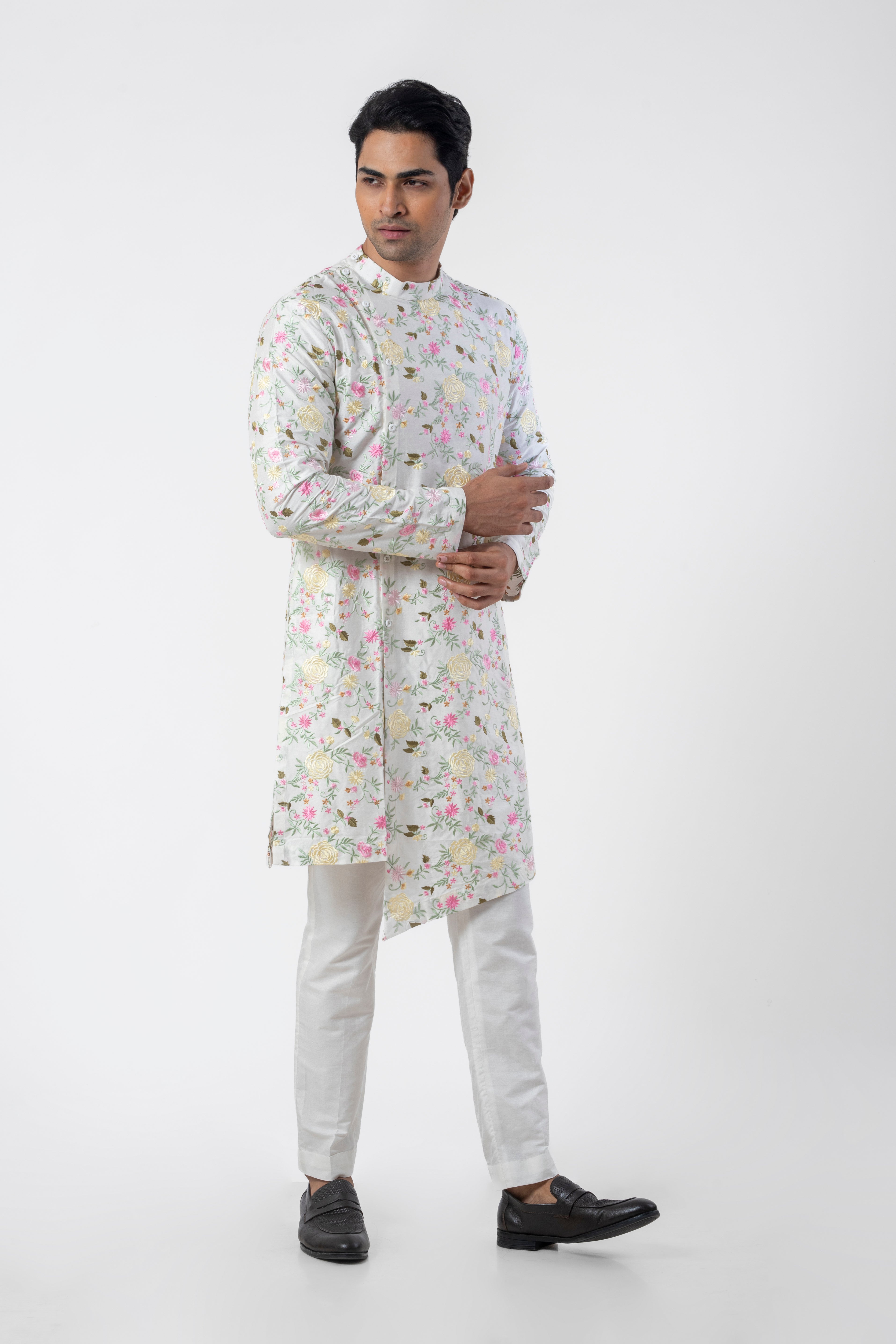 White Embroidered Kurta Pajama for Men with Asymmetric Design