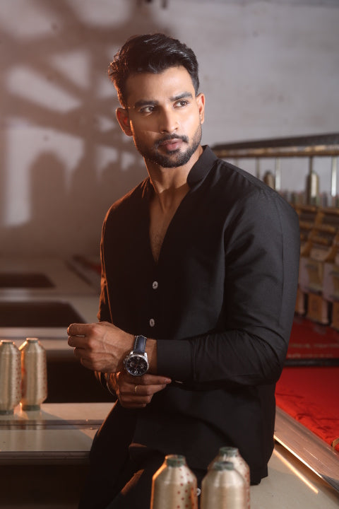 Black Silk Katan Band-Collar Men’s Co-Ord Set