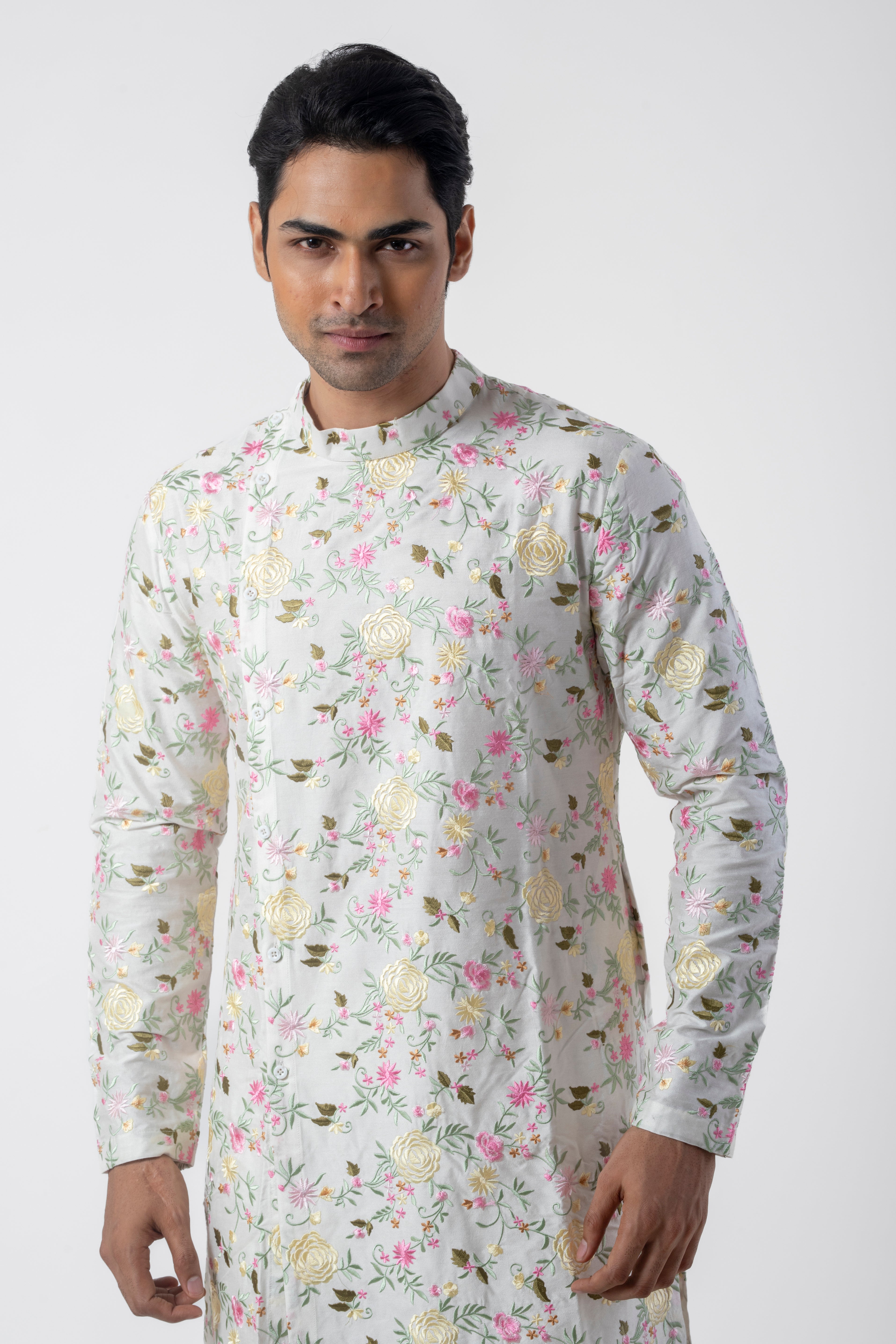 White Embroidered Kurta Pajama for Men with Asymmetric Design