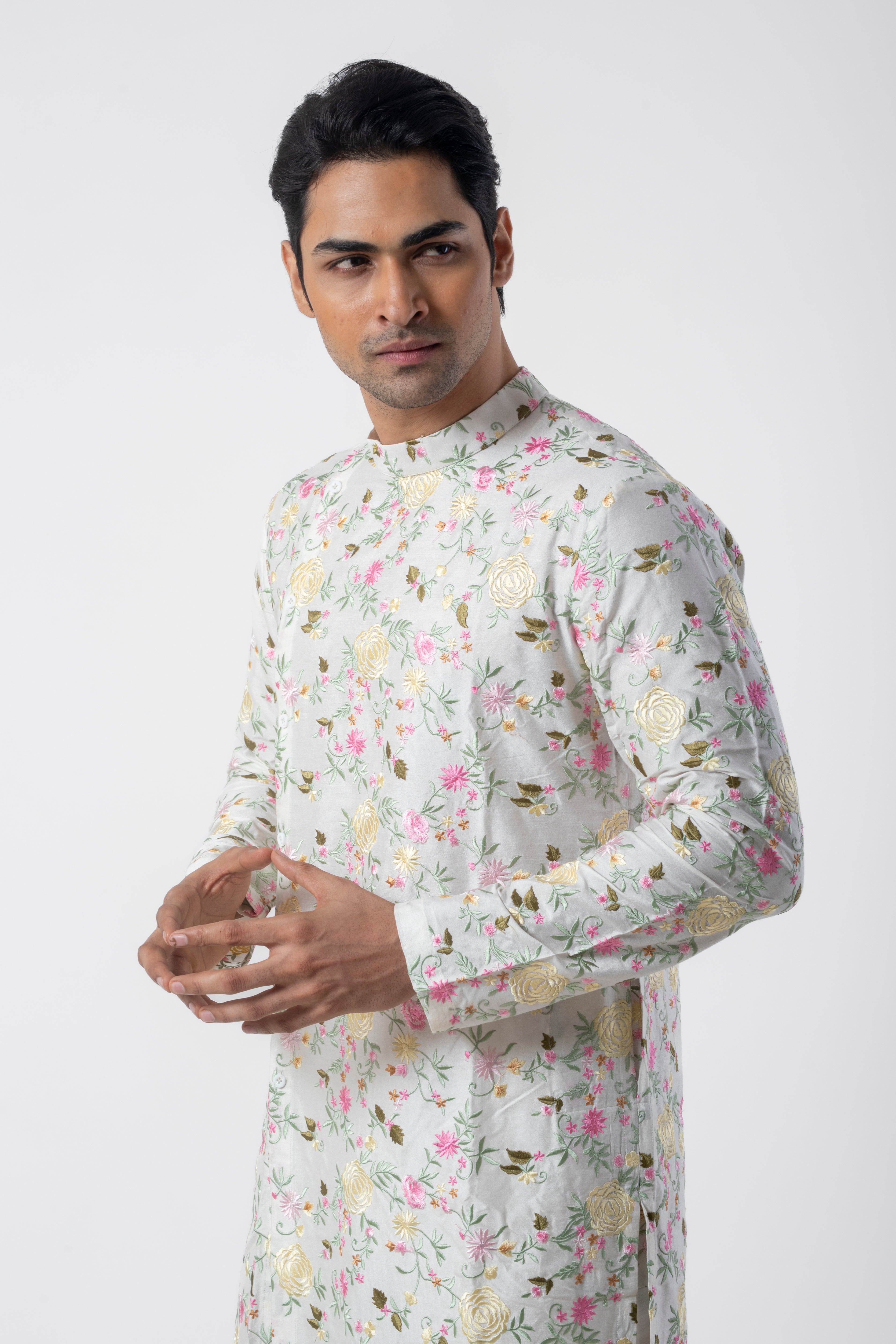 White Embroidered Kurta Pajama for Men with Asymmetric Design