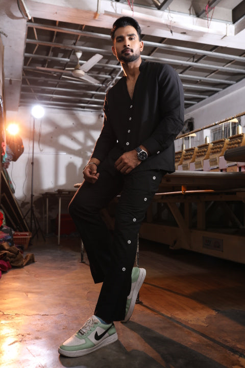 Black Silk Katan Band-Collar Men’s Co-Ord Set