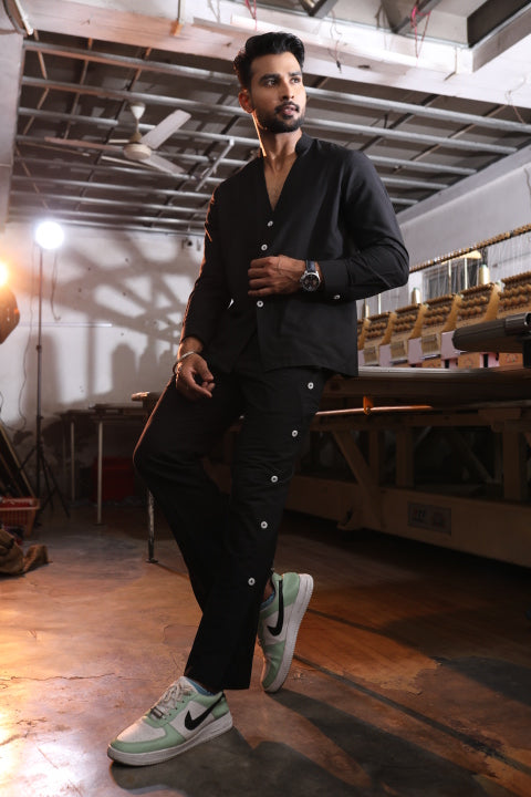 Black Silk Katan Band-Collar Men’s Co-Ord Set