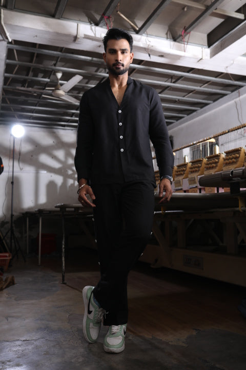 Black Silk Katan Band-Collar Men’s Co-Ord Set