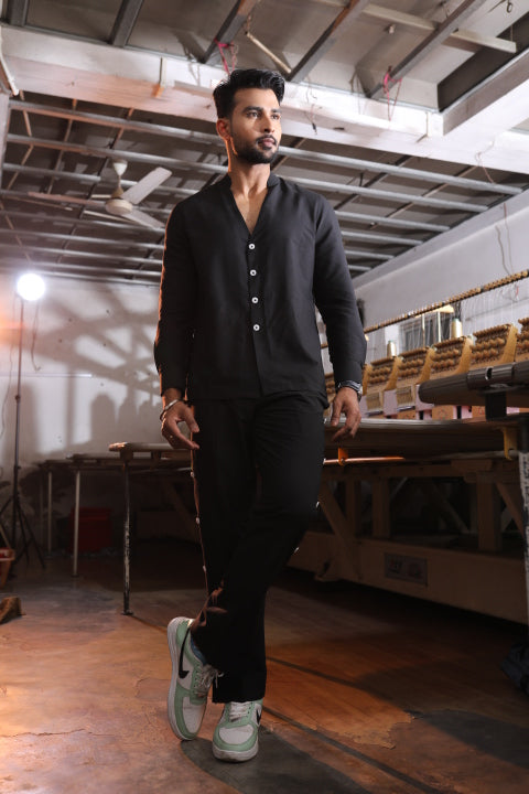 Black Silk Katan Band-Collar Men’s Co-Ord Set