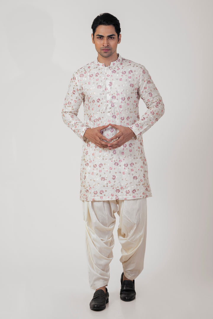 Off White Patiala Suit for Men with Resham Embroidery