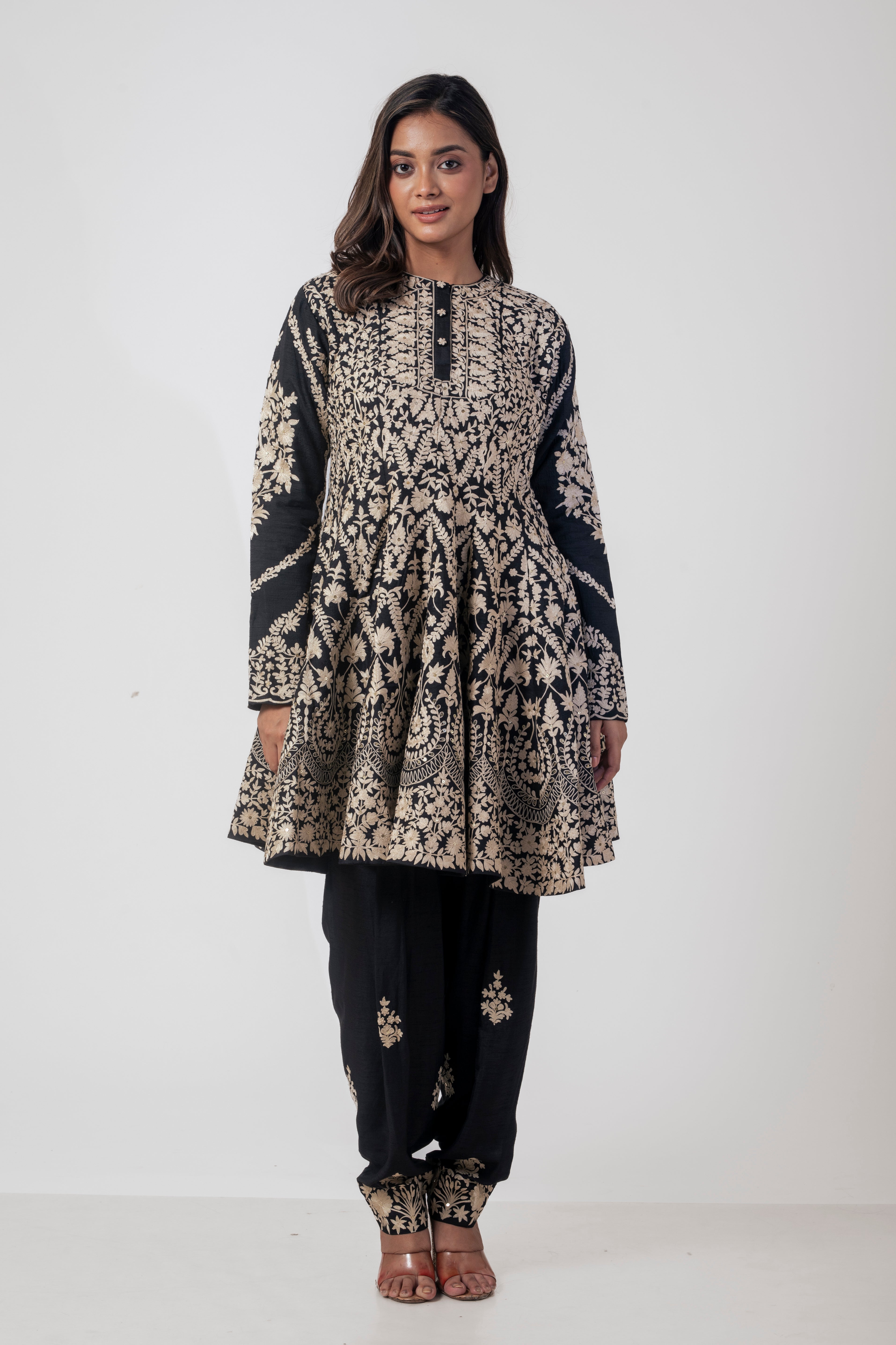 Black Heavy Embroidered Kurta Set for Women in Dola Silk