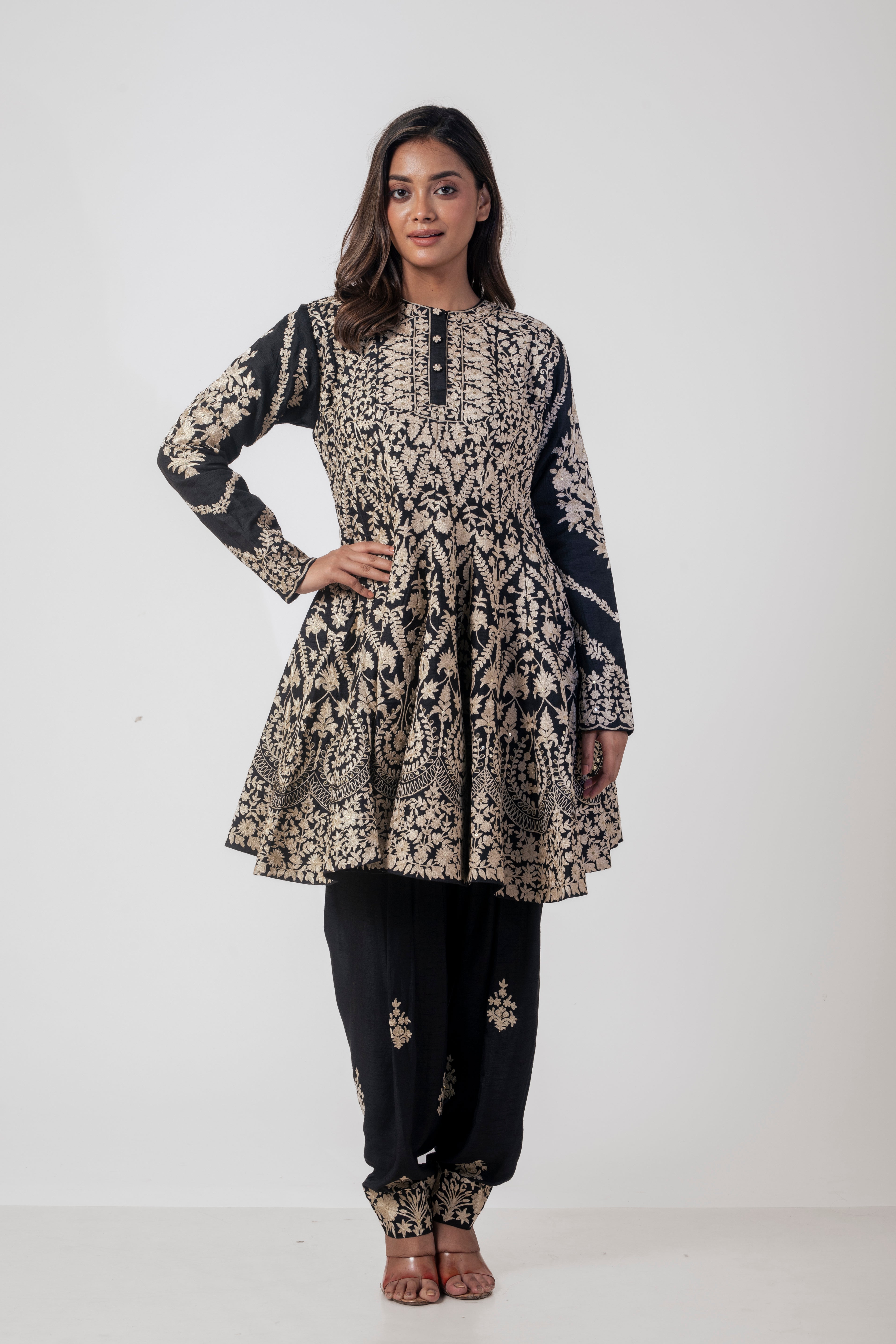 Black Heavy Embroidered Kurta Set for Women in Dola Silk