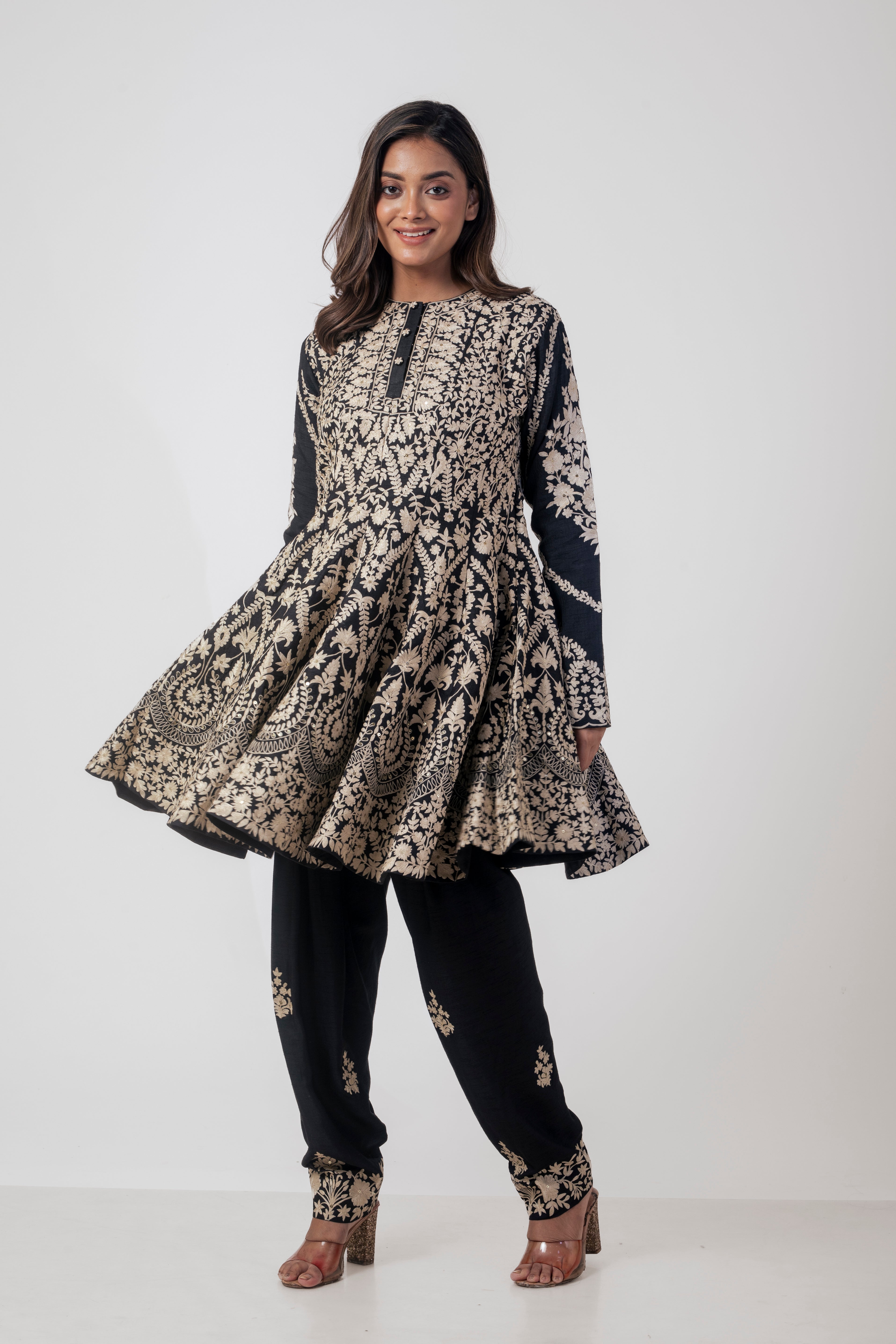 Black Heavy Embroidered Kurta Set for Women in Dola Silk