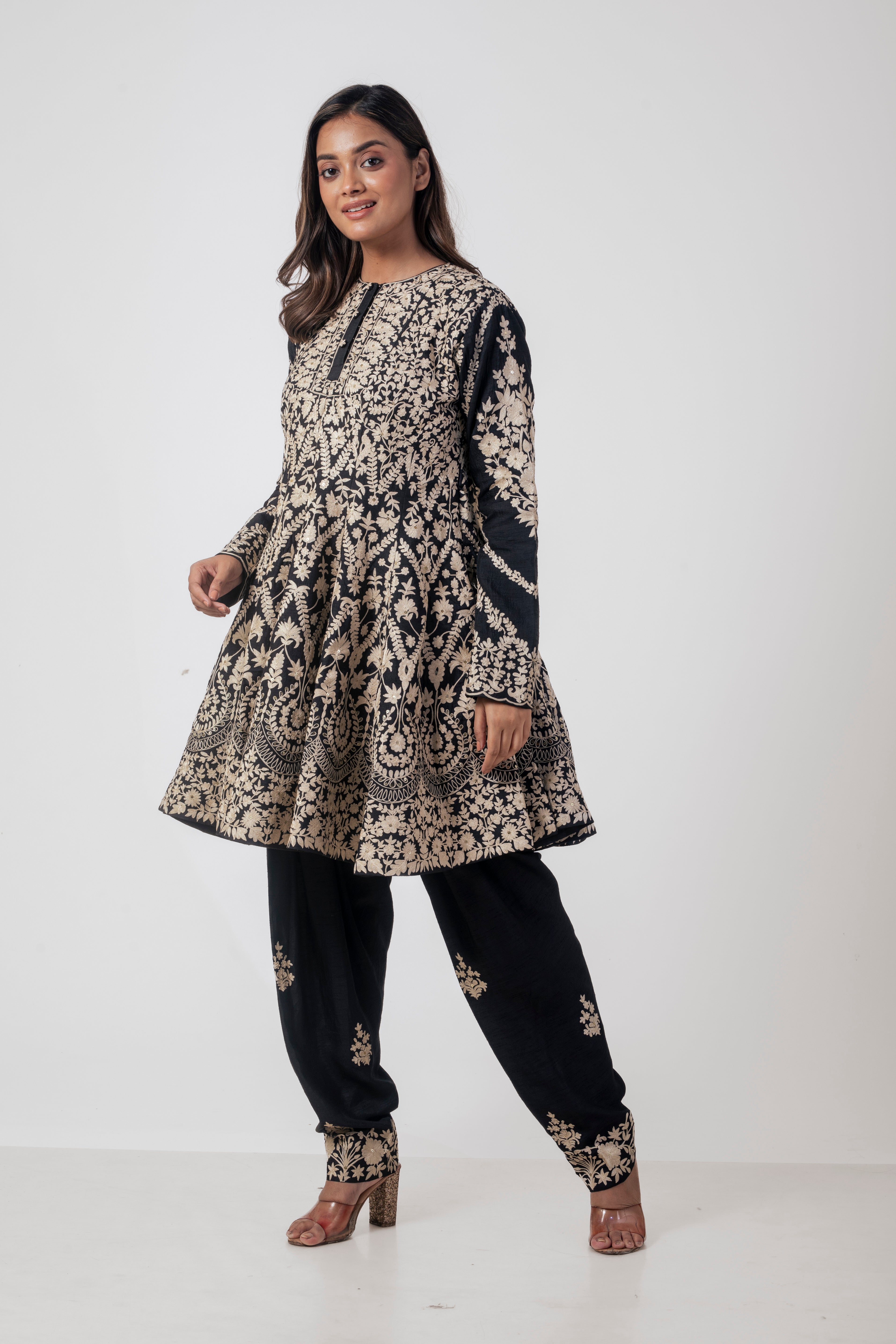 Black Heavy Embroidered Kurta Set for Women in Dola Silk