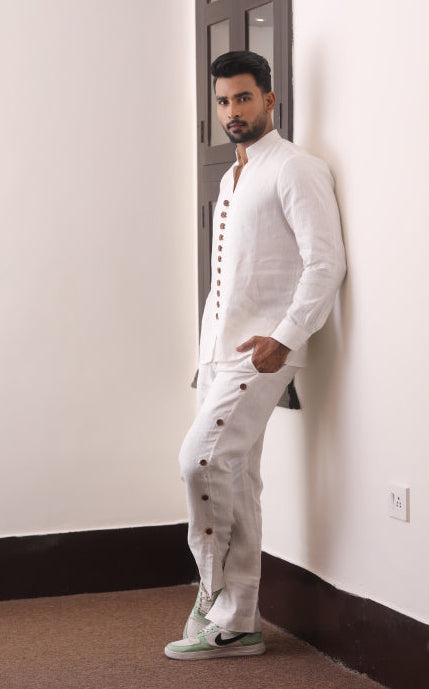 White Linen Band-Collar Men’s Co-Ord Set