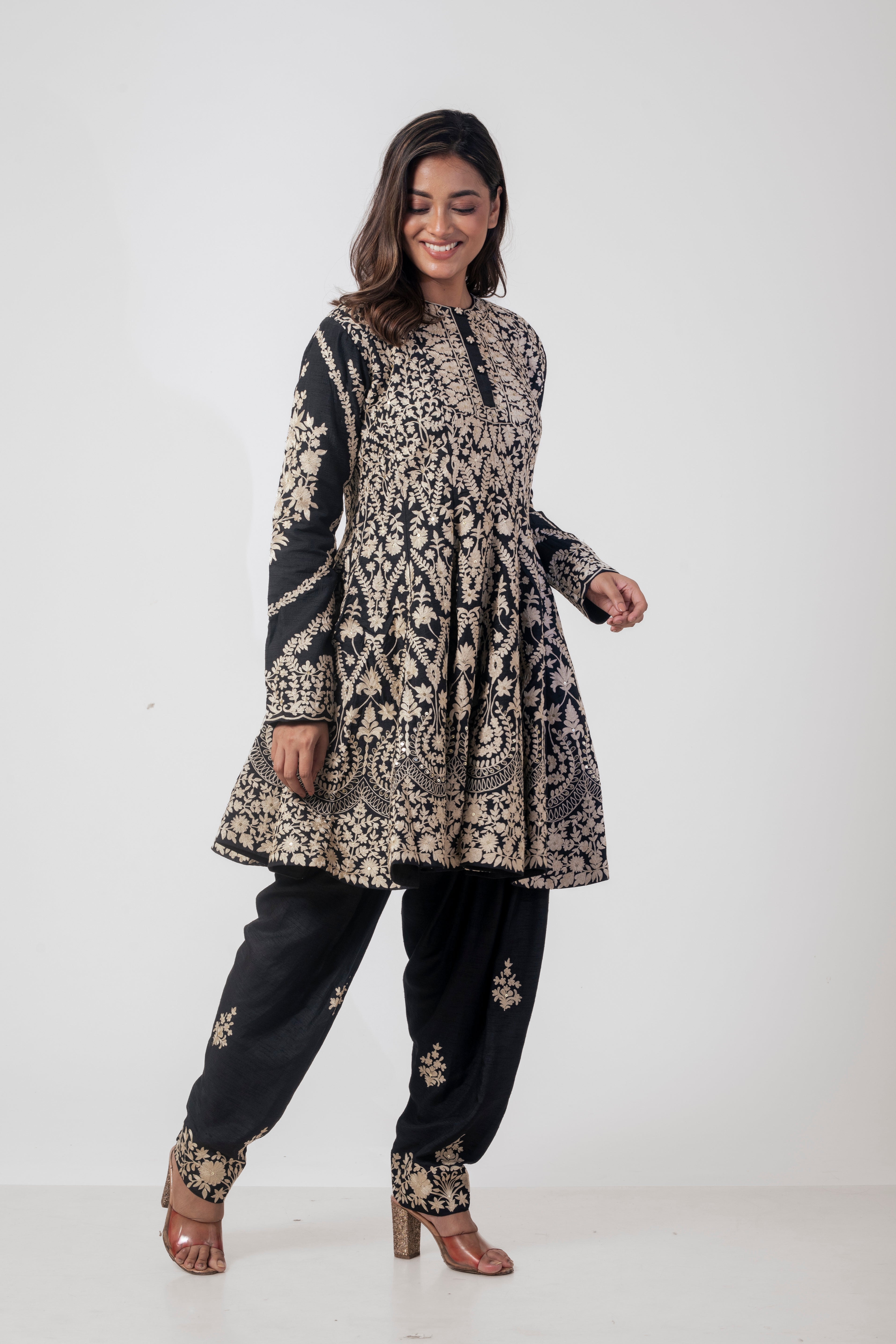 Black Heavy Embroidered Kurta Set for Women in Dola Silk