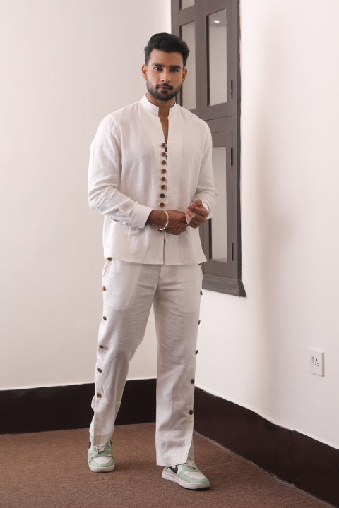 White Linen Band-Collar Men’s Co-Ord Set