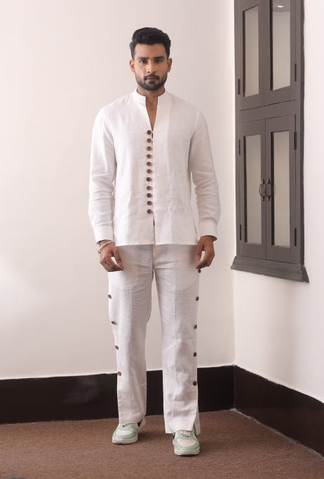 White Linen Band-Collar Men’s Co-Ord Set