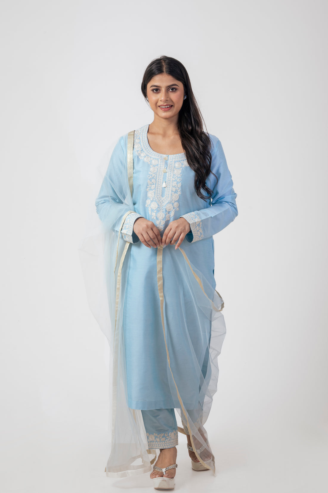 Sea Blue Embroidered Suit Set with Dupatta