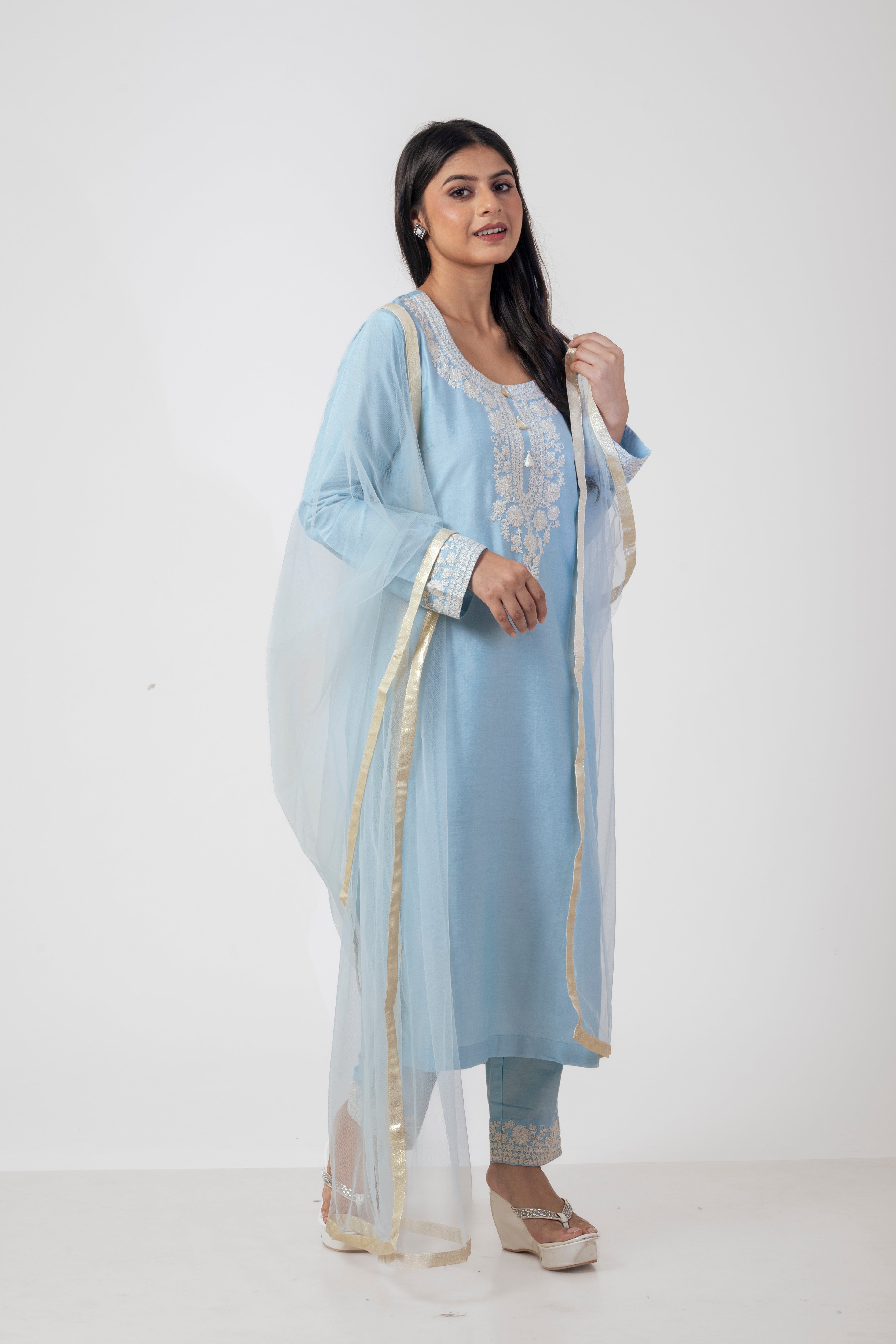 Sea Blue Embroidered Suit Set with Dupatta