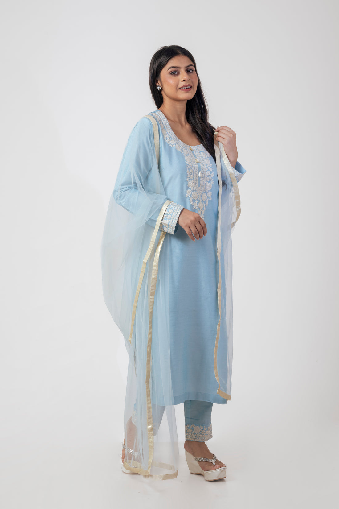 Sea Blue Embroidered Suit Set with Dupatta