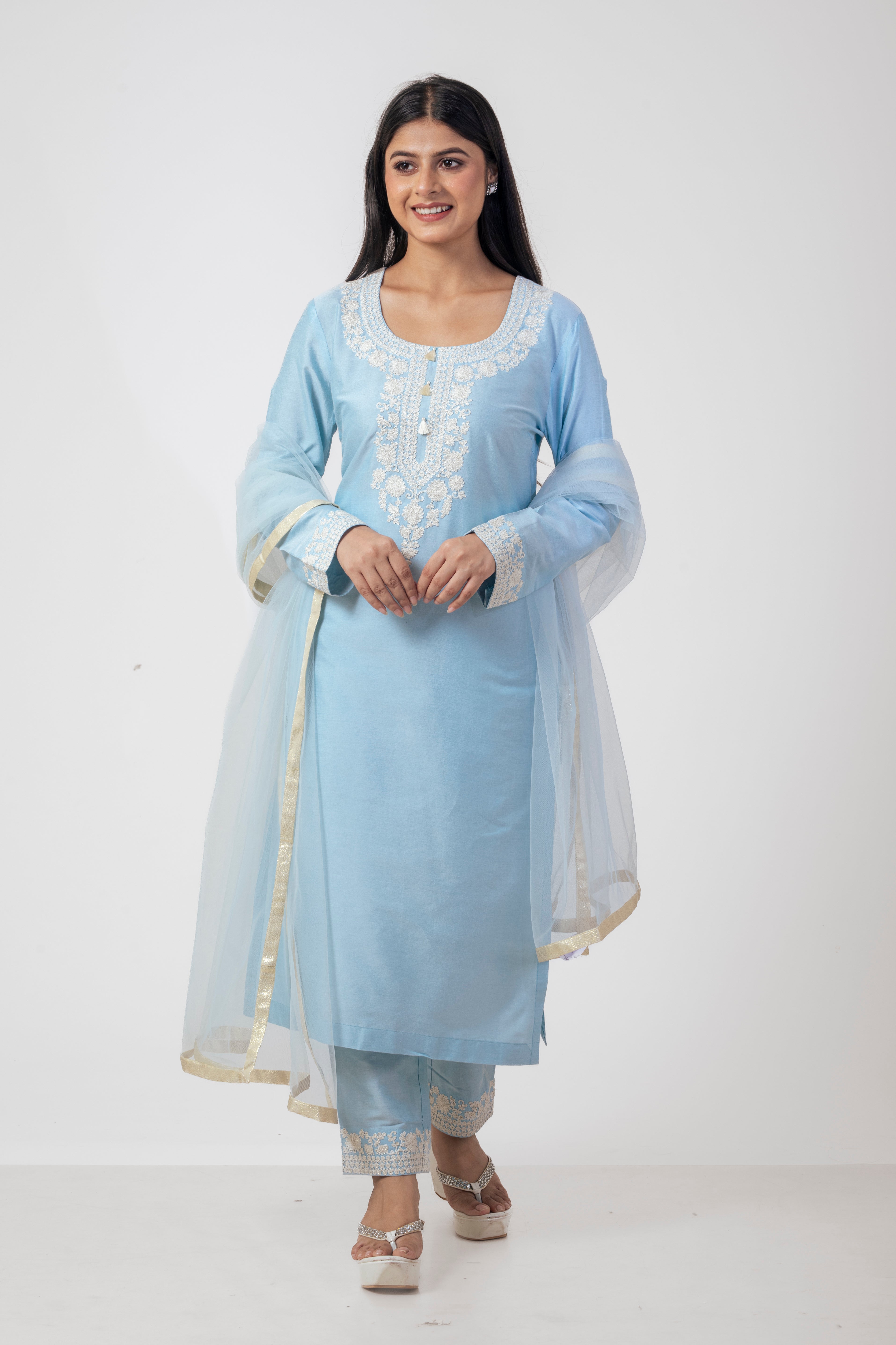 Sea Blue Embroidered Suit Set with Dupatta