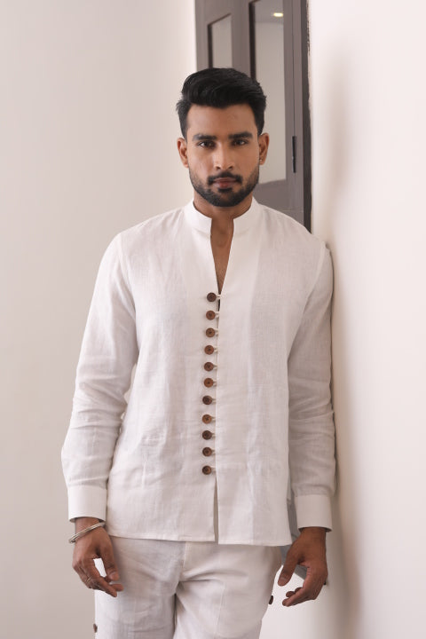 White Linen Band-Collar Men’s Co-Ord Set