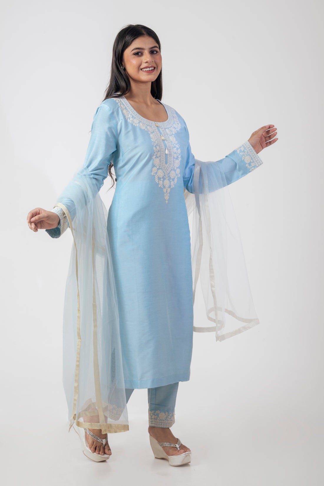 Sea Blue Embroidered Suit Set with Dupatta