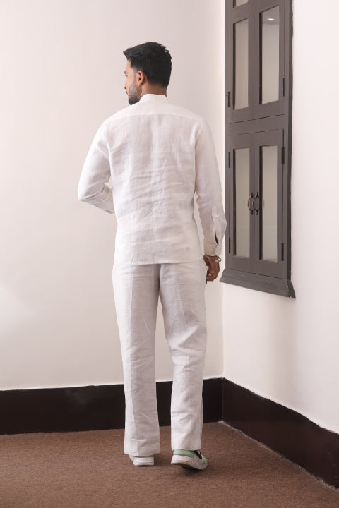 White Linen Band-Collar Men’s Co-Ord Set
