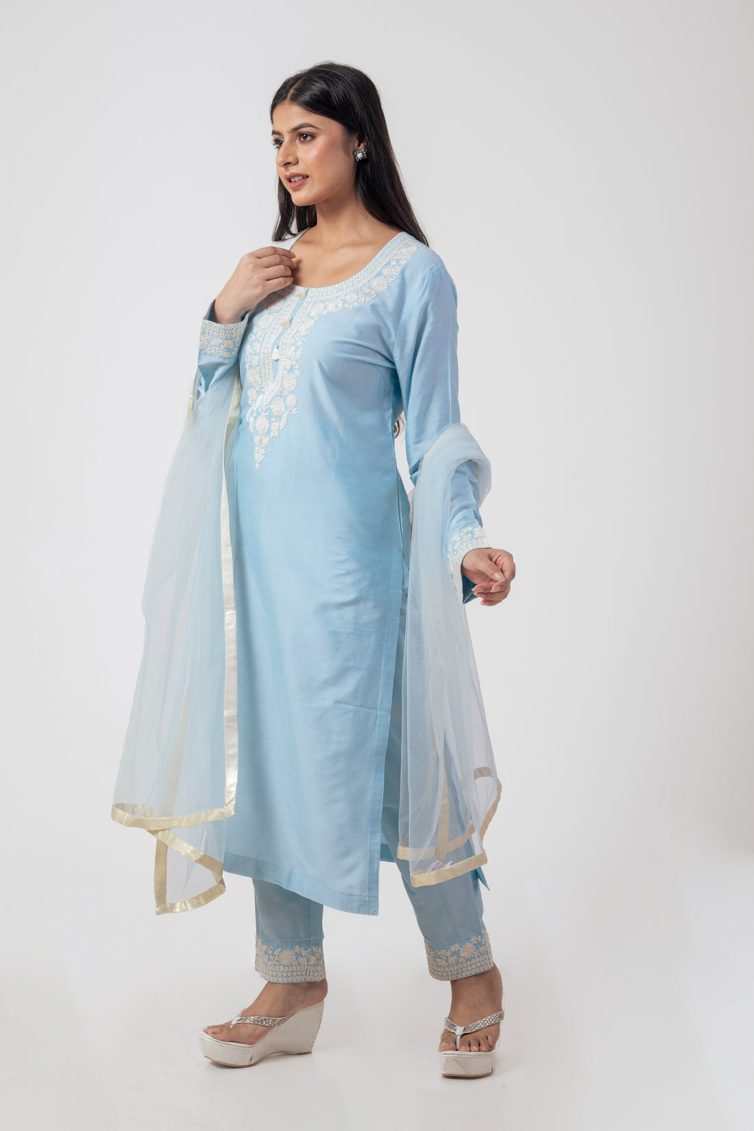 Sea Blue Embroidered Suit Set with Dupatta